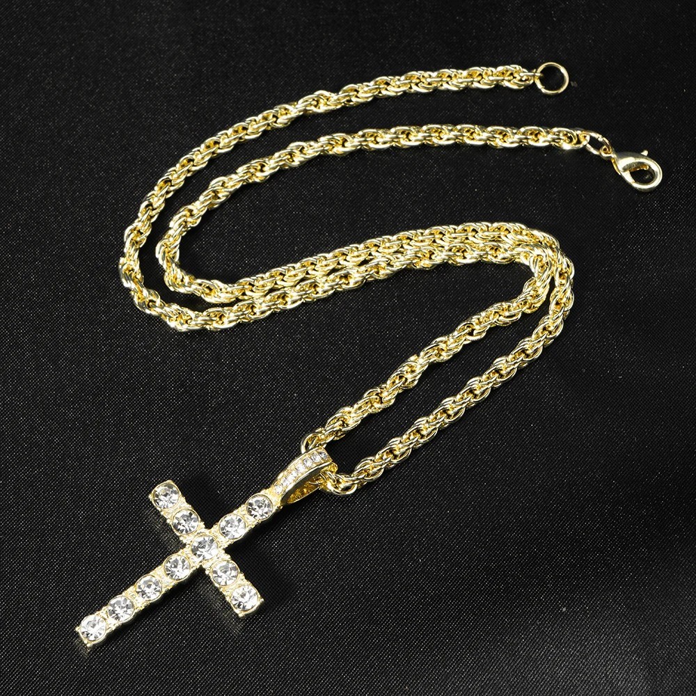 Iced Out Cross Pendant Tennis Chain Necklace Silver Gold CZ Hip Hop Men Women