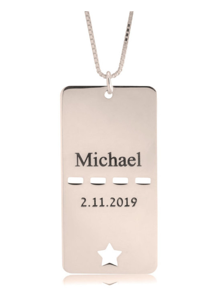 CUSTOM DOG TAG NAME AND DATE NECKLACE: STERLING SILVER, 24K GOLD, ROSE GOLD