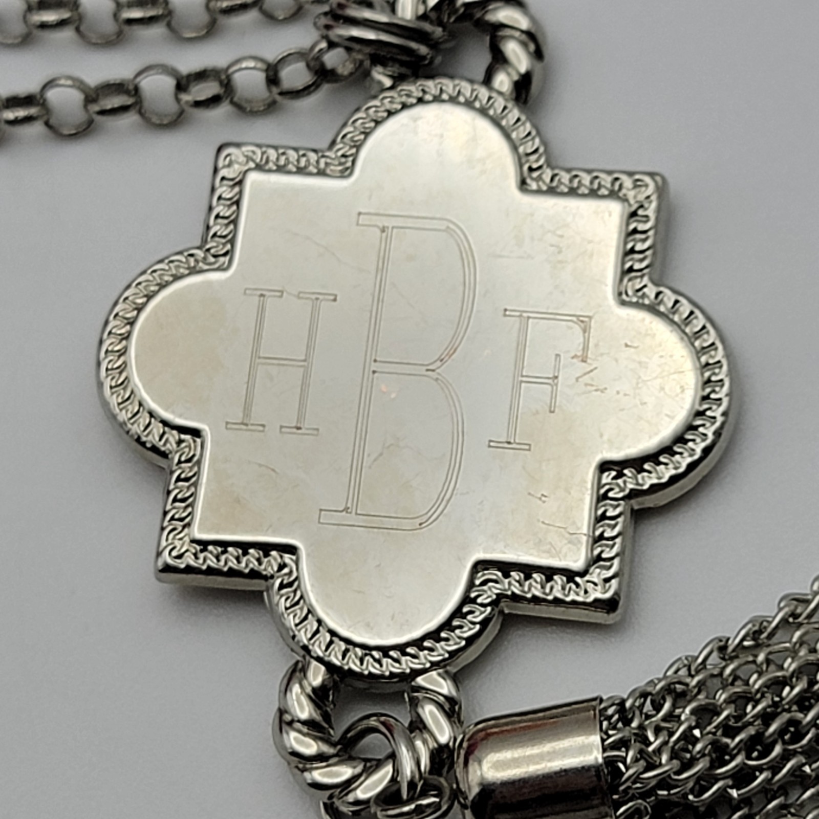 Initials HBF Engraved Quatrefoil Tassel Necklace Silver Tone 35” Adjustable