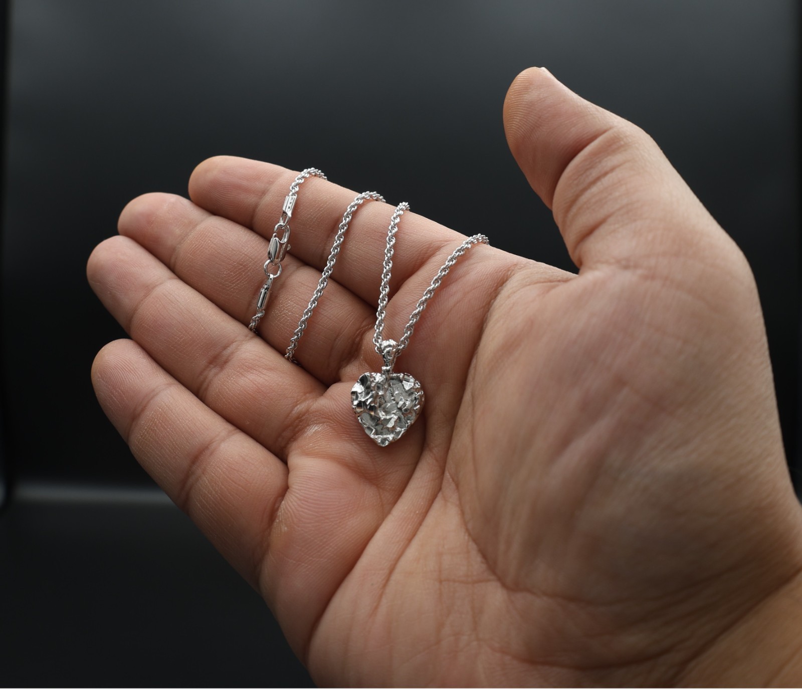 Silver Nugget Heart Necklace: 16mm Heart Pendant, 1mm Rope Chain for Women