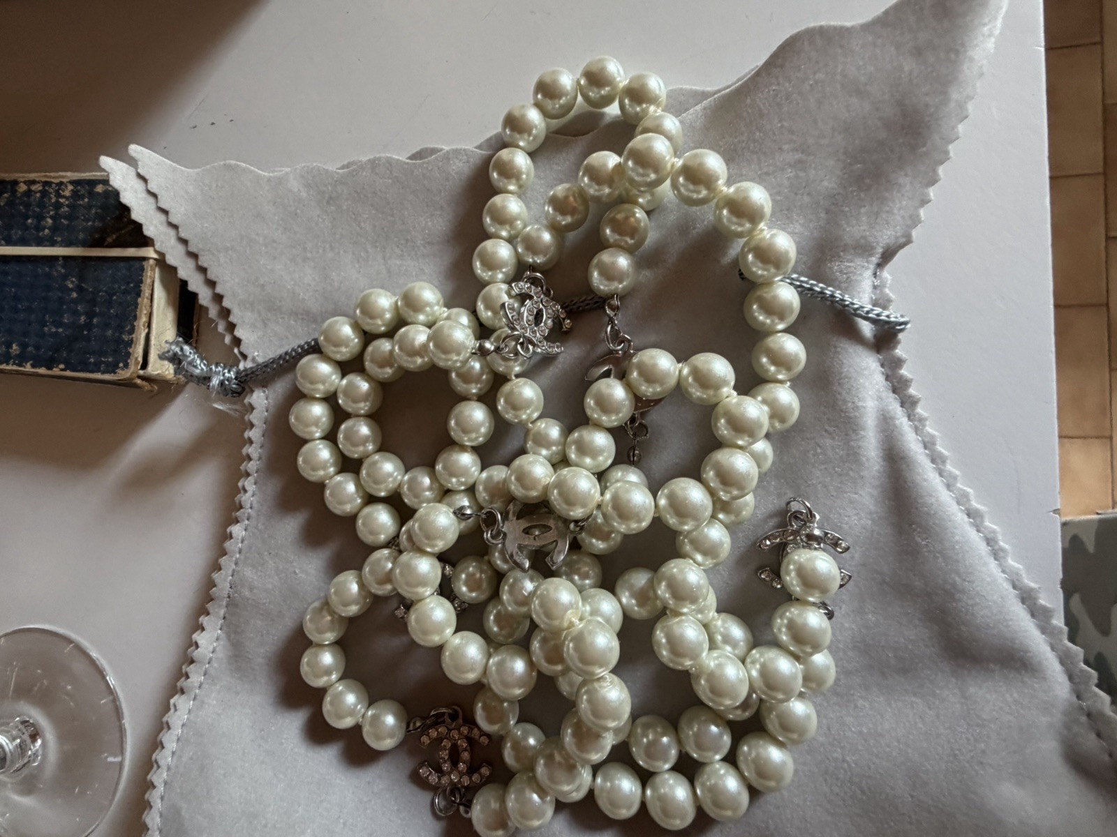 White Faux Pearl Beaded Long Necklace Round Simulated Pearls Logo Stations