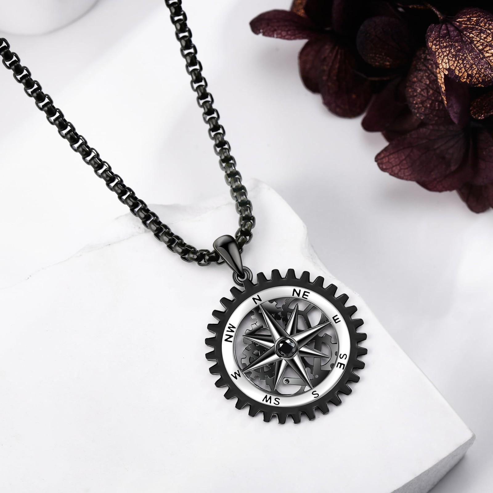 Compass Necklace for Men 925 Sterling Silver Black Compass Pendant for Men Co…