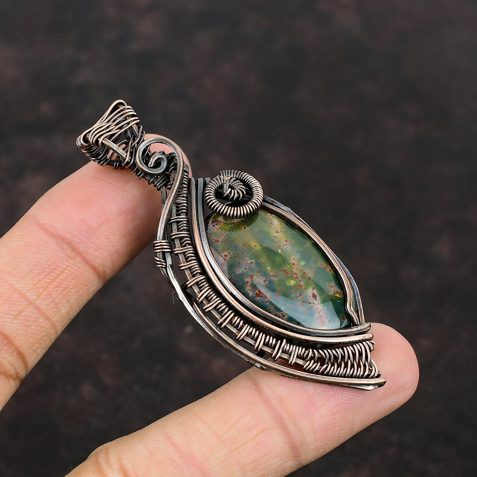 Valentine Gift Bloodstone Jewelry Copper Mom Gift Wire Wrapped Pendant 2.76″
