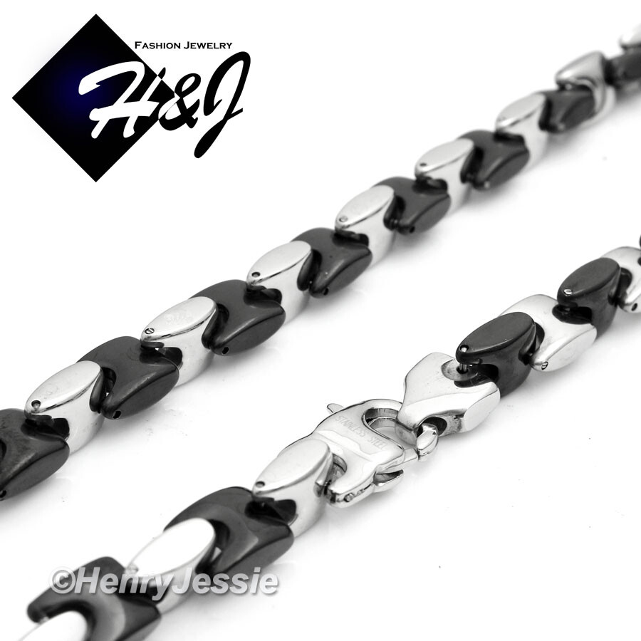 18-40″MEN Stainless Steel 8mm Silver/Black Plated Interlock Bones Chain Necklace