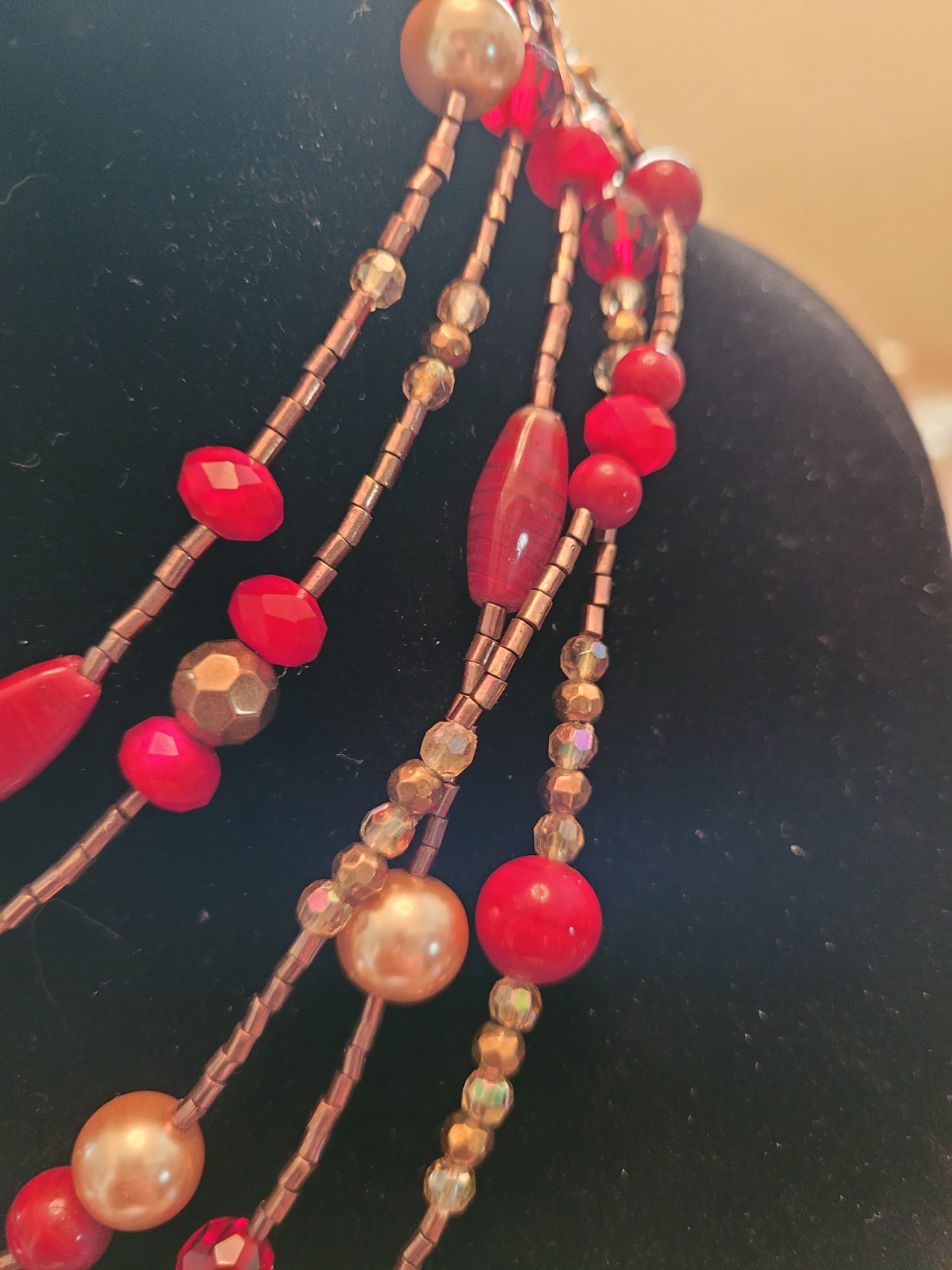 Lia Sophia Layered Red Glass Beaded Necklace Pearl Crystal Gold Tone W/Box