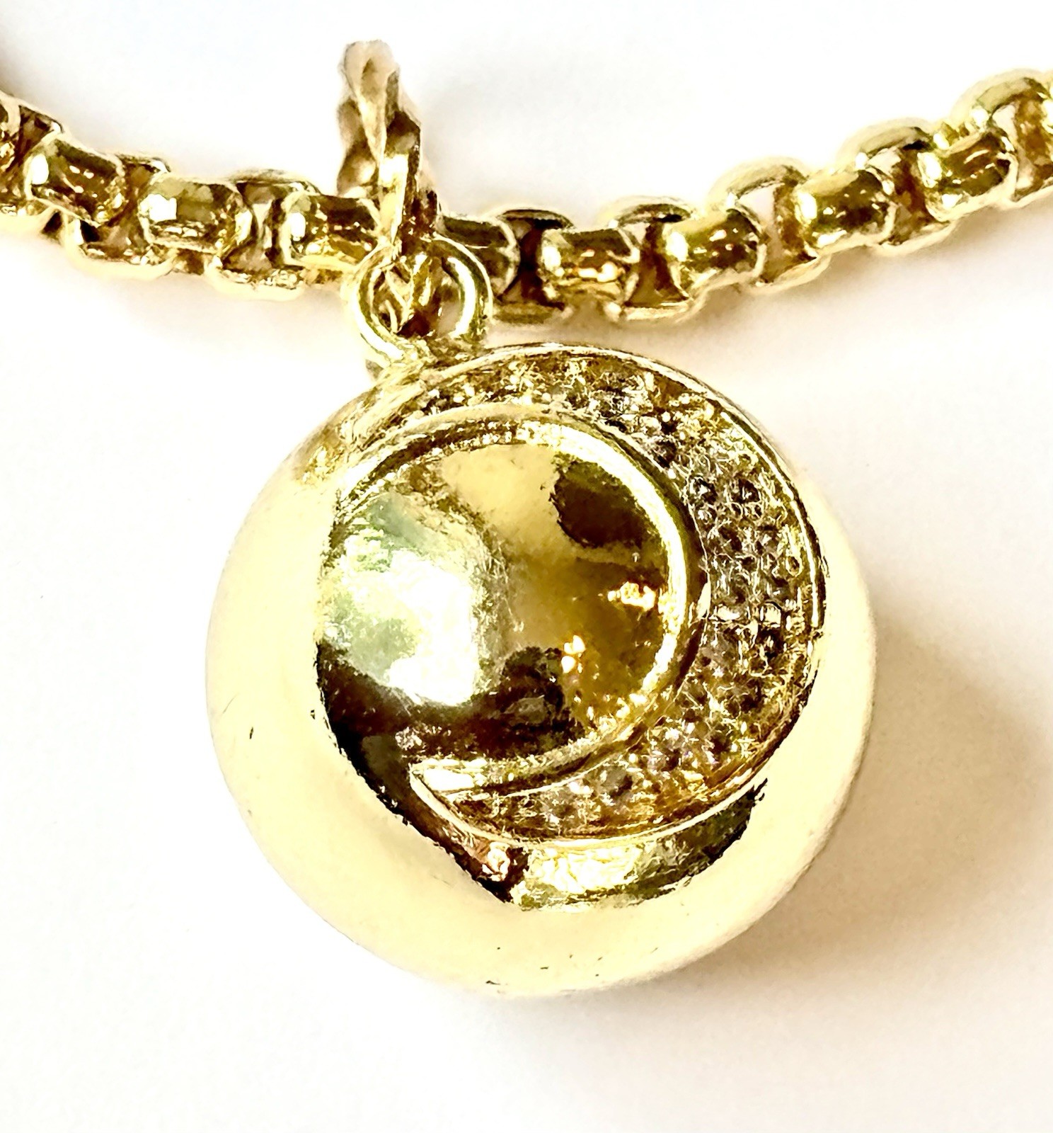 Pave Moon Ball Gold Tone Pendant with Stars Rounded Box Chain Necklace 16″ – 18″
