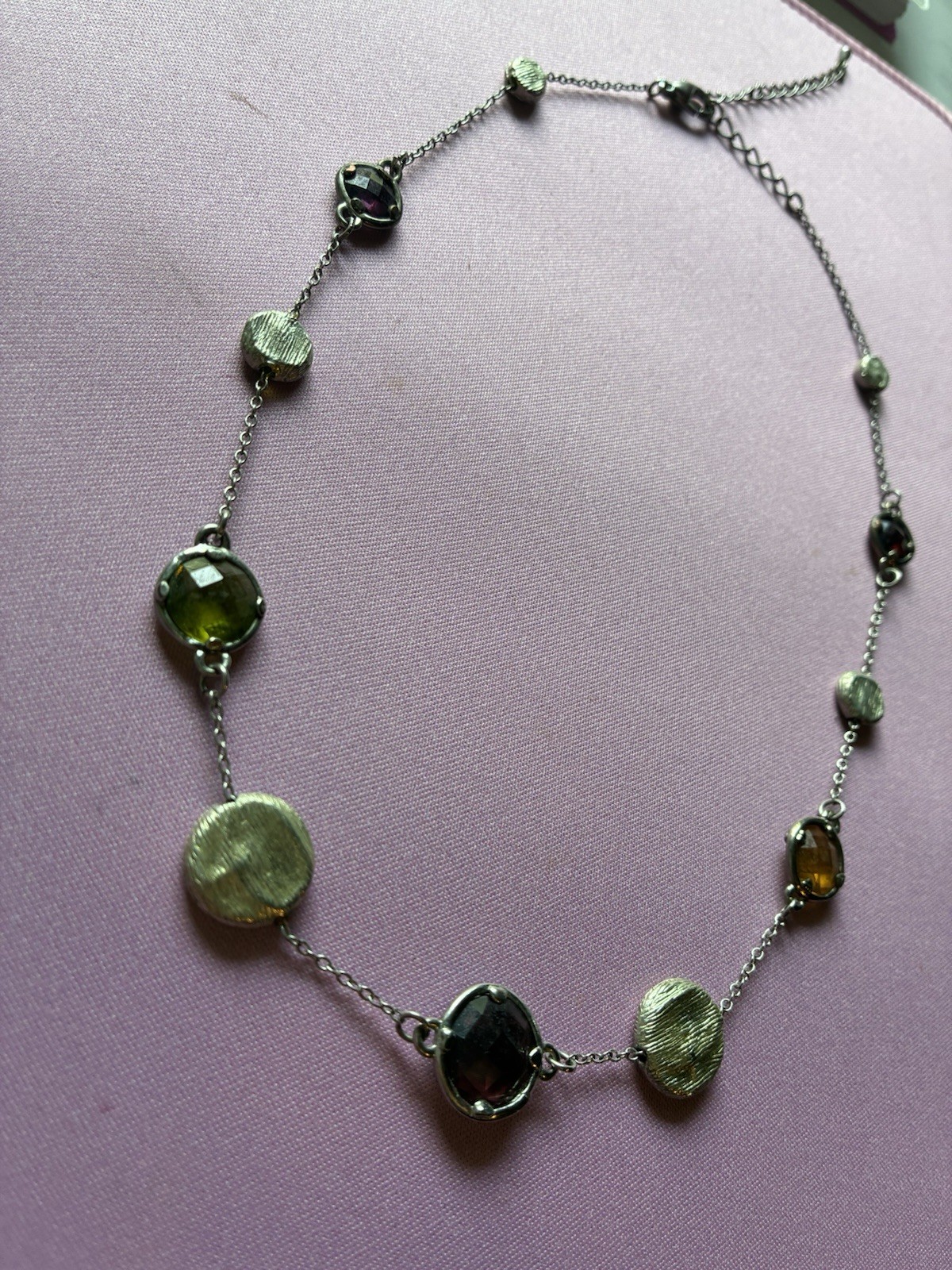 Silver-Tone Station Cable Chain Necklace Bezel Multicolor Round Glass Adjustable