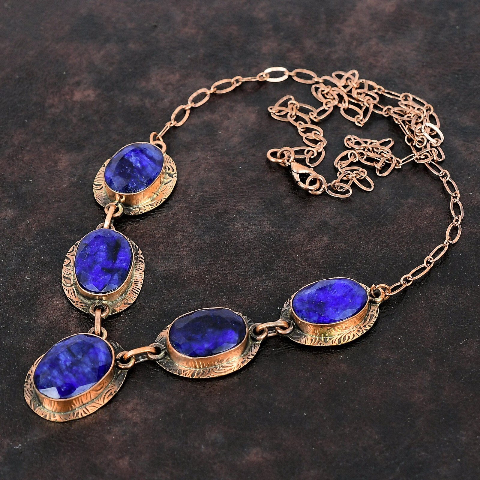 Womens day Sale Oval Blue Saphir Gemstone Copper Sister Bezel Necklace Jewelry