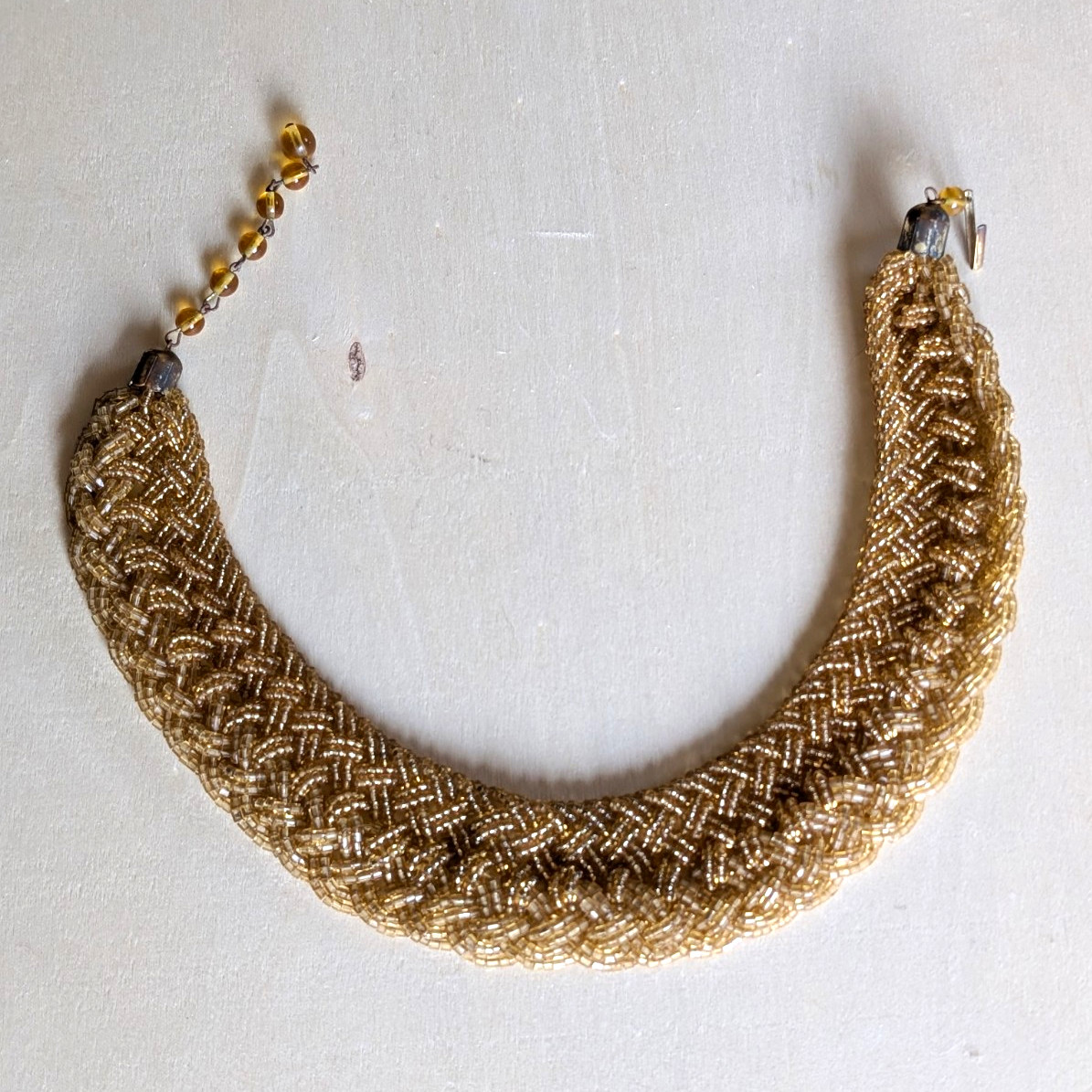 Gold Tone Braided Woven Mesh Beaded Statement Necklace Adjustable