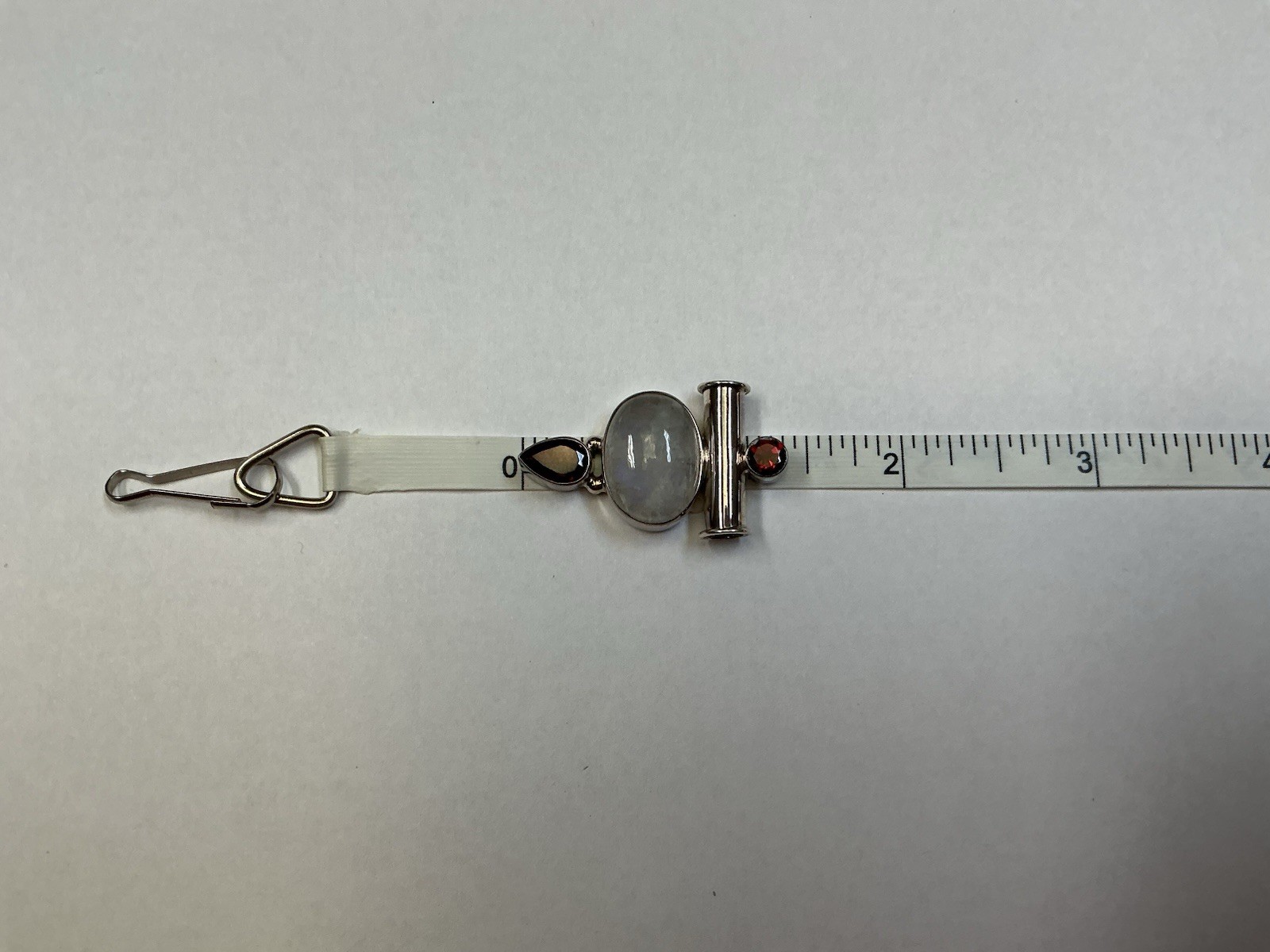 925 Sterling Silver Bar Pendant w/ Natural Gray Oval Moonstone & Garnet 6.88 G