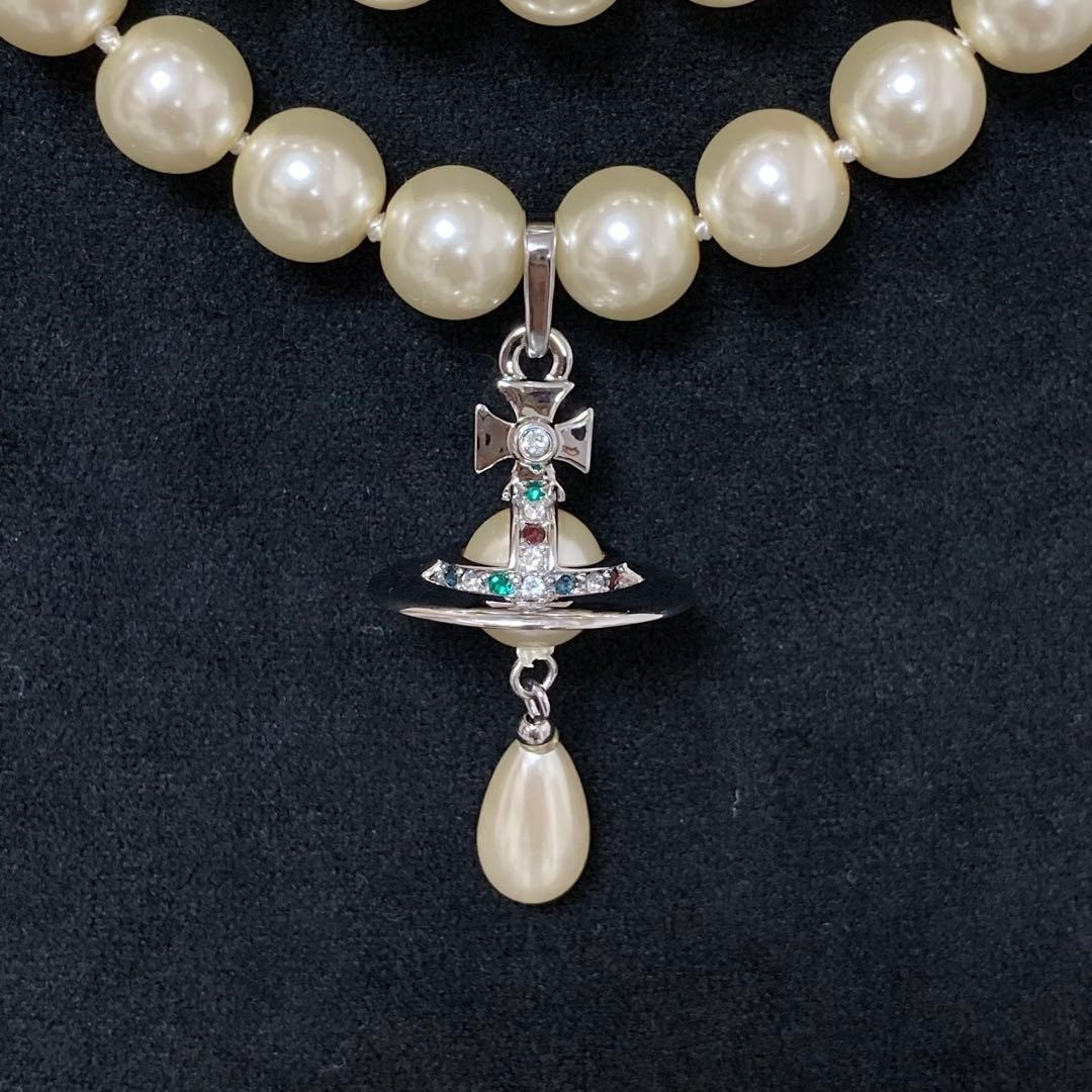 Vivienne Westwood Necklace 3-strand Pearl Drop Silver w/drawstring [E0155