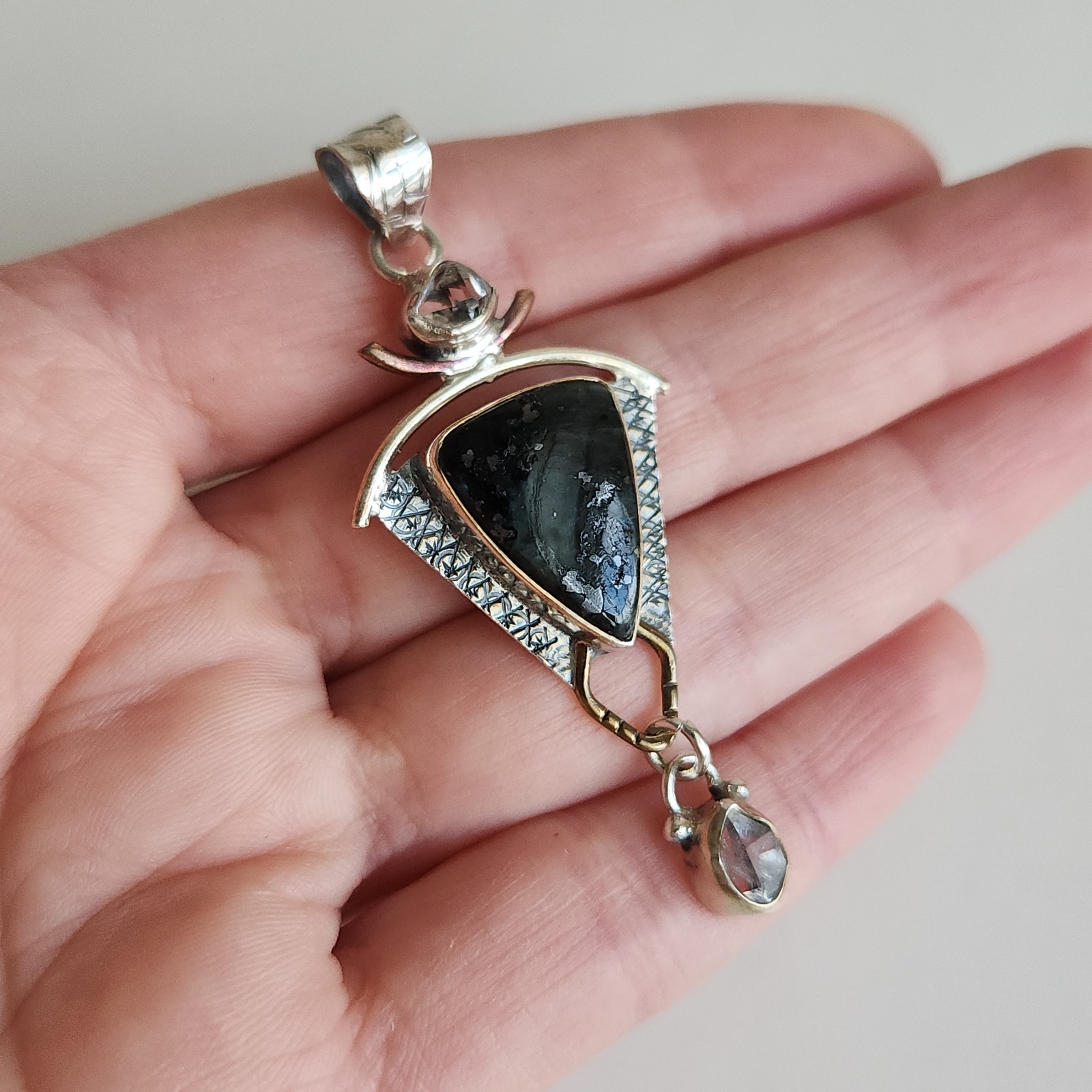 Sterling Silver Black Moss Agate Pendant 925 Artisan Mixed Metal 5.3g