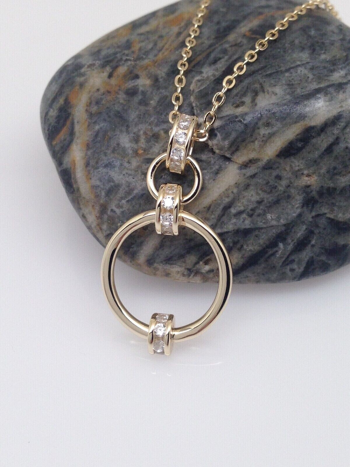 925 Sterling Silver CZ Two Circle Pendant Necklace Linked Gold 25mm 16-18″ Women