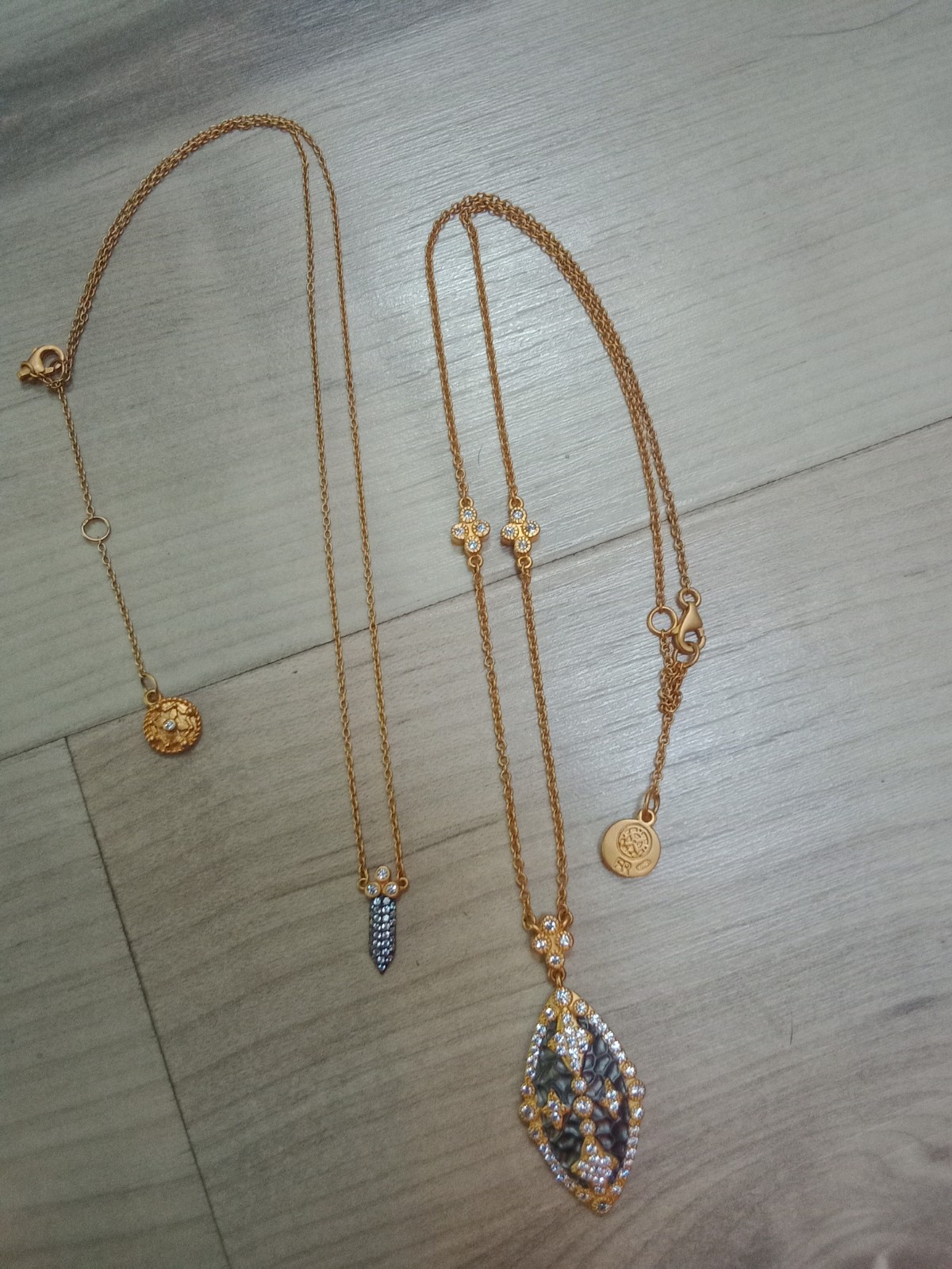 2 Gold Tone Freida Rothman Necklaces Stamped 925 Gray & CZ Accents