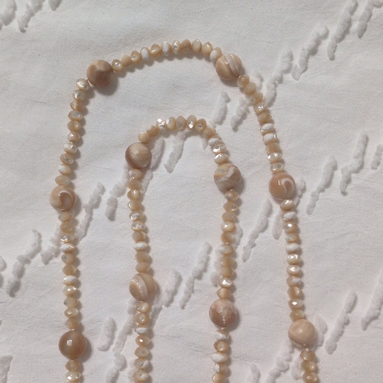 Beige Beaded Strand Tassel Necklace, Adjustable Bohemian Ball/Bead Chain