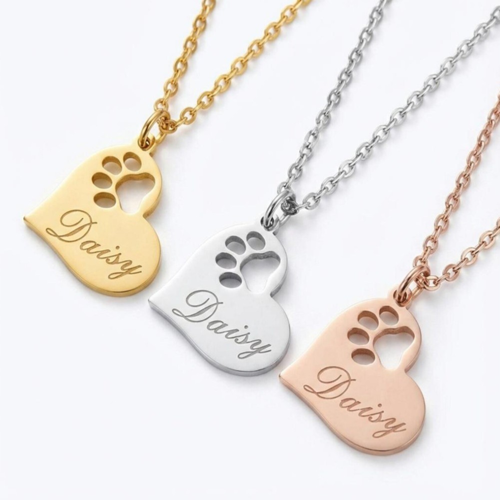 Personalized Paw Name Necklace with Engraved Pet Jewelry for Animal Lover Gift