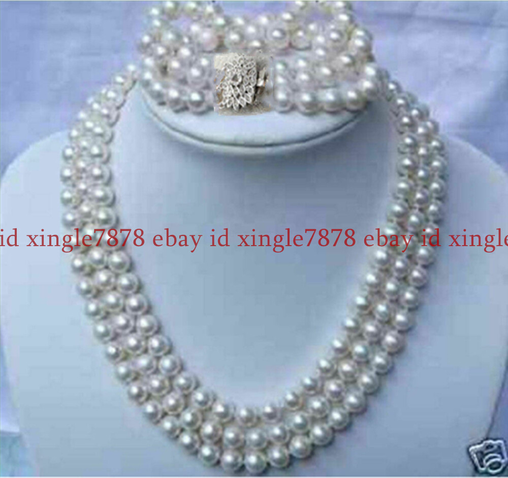 3 Rows 7-8mm Natural White Freshwater Pearl Necklace Bracelet Earring Set 20-22″