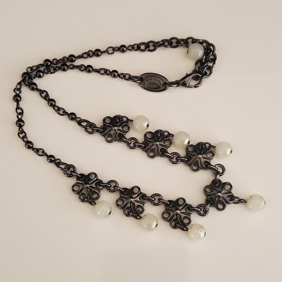 Babylone Paris Gunmetal Floral Pearl Drop Necklace French Designer Jewelry