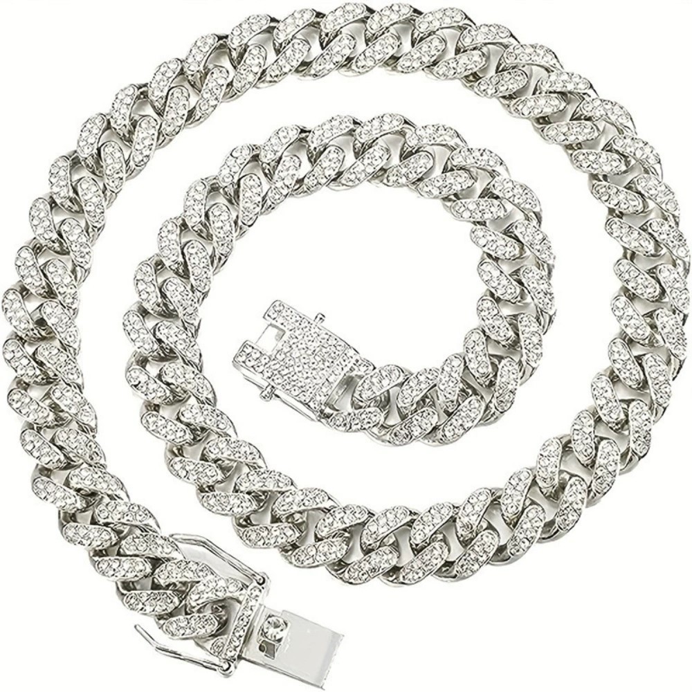 13mm White Gold Plate Stainless Steel Miami Cuban Link Chain CZ NecklaceBracelet