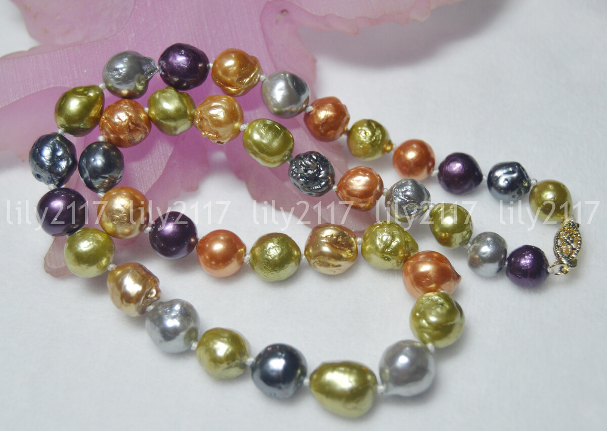 REAL NATURAL 10-12MM SOUTH SEA GENUINE COLOURFUL BAROQUE PEARL NECKLACE 14K 18”