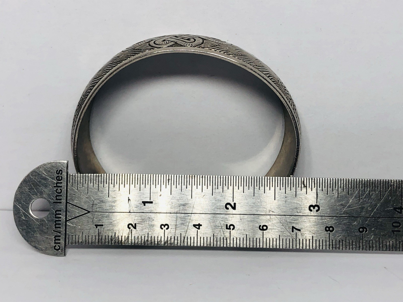 VTG Bangle Bracelet Silver Tone Etched Celtic Knot and Fish Design Open Cuff