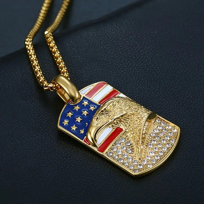 316L Stainless Steel American Eagle Dog Tag Pendant 3mm 24″ Rolo Chain Necklace
