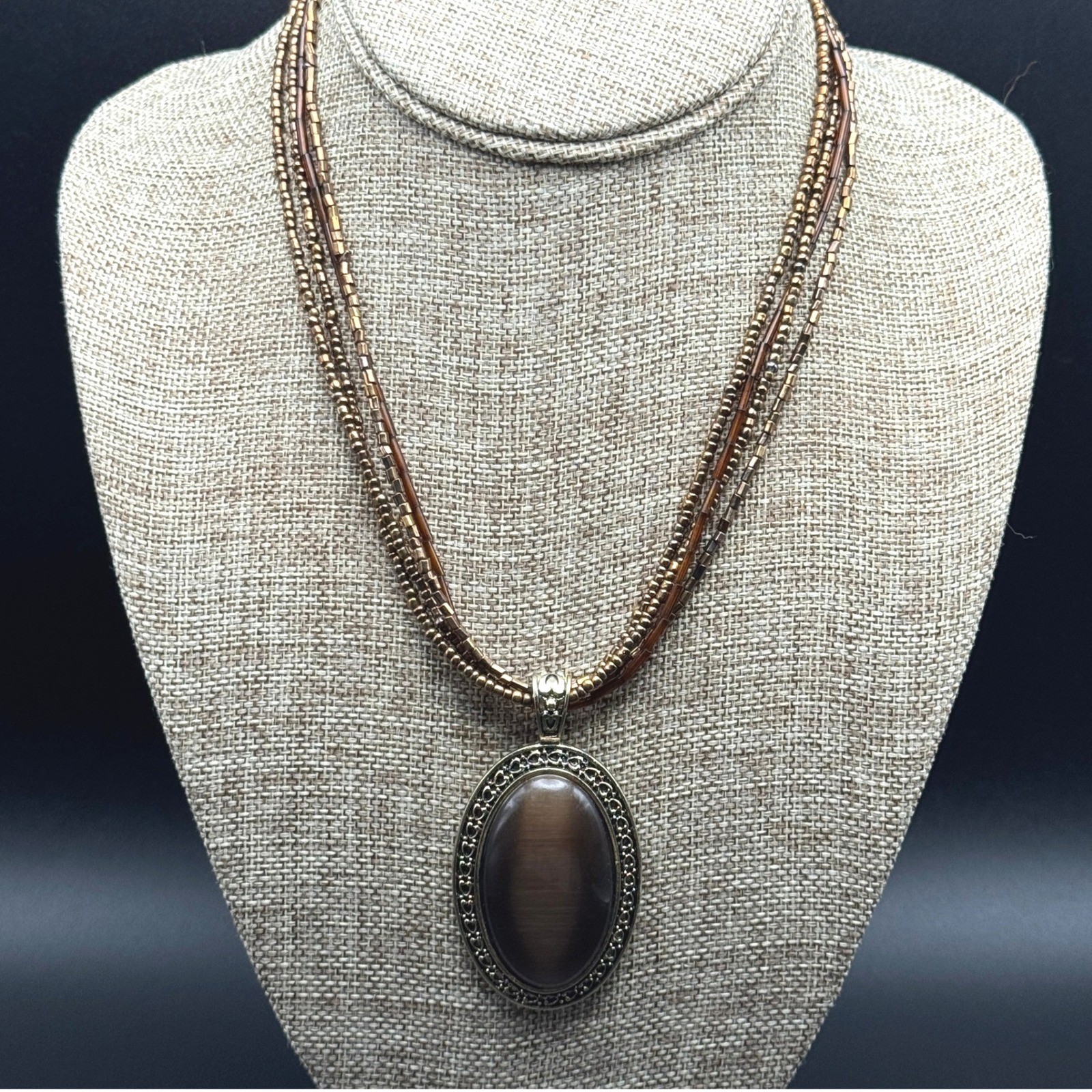 Brown Cats Eye Pendant Multi Strand Seed Bead Necklace Bronze Gold Boho Bohemian