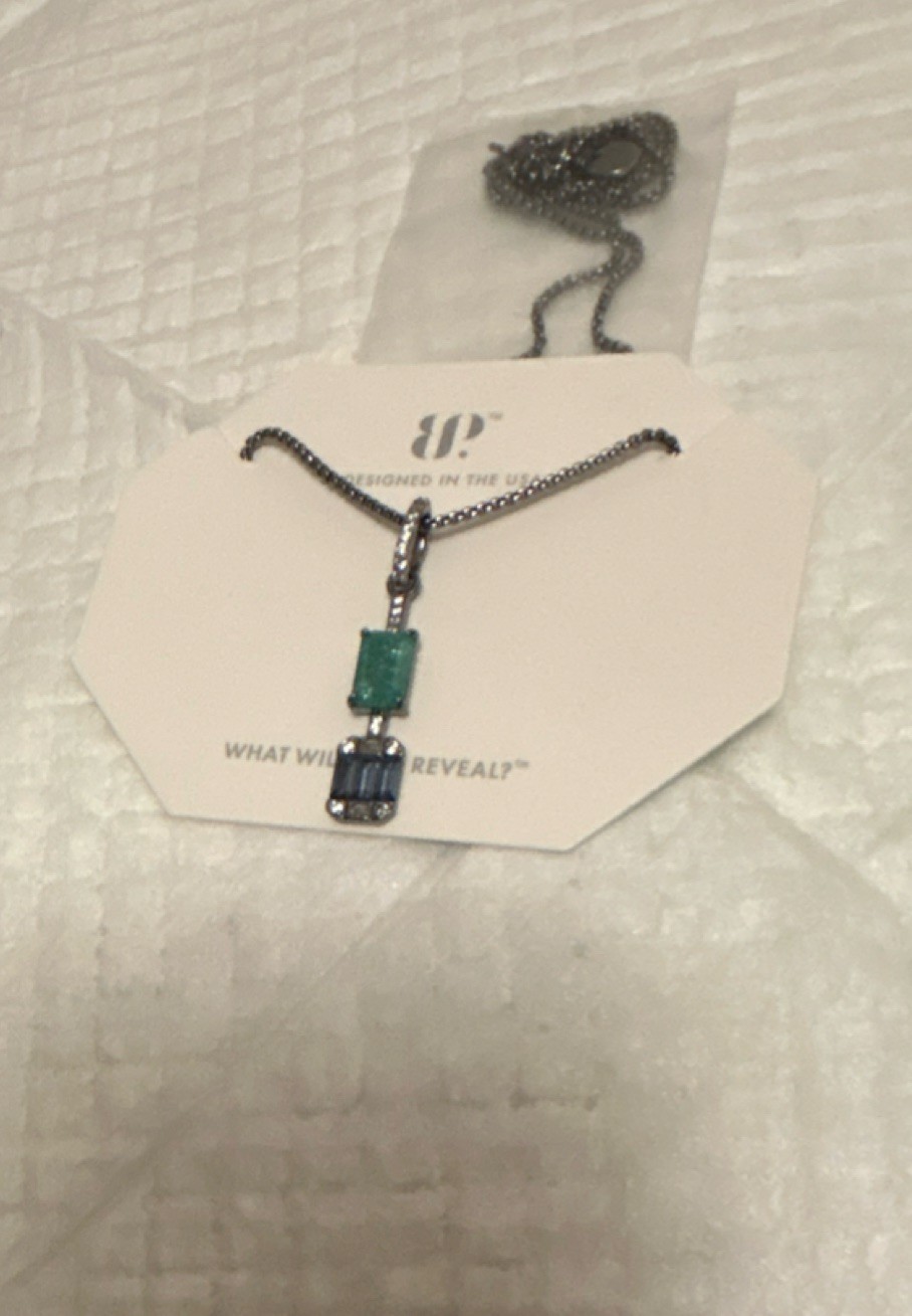 BP Pendant Necklace Hematite Lab Created Emerald Blue Zircon Removable 18″