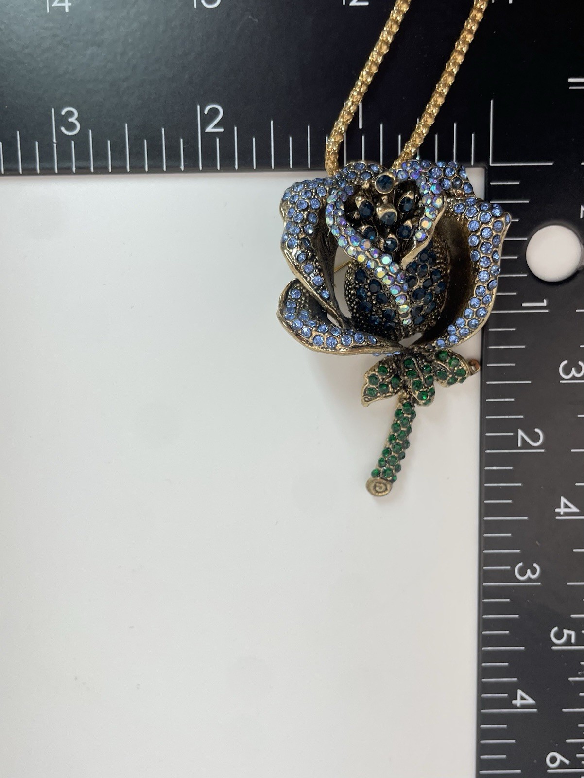 Betsey Johnson 3D Blue Rose Pendant Necklace Aurora Borealis Rhinestones