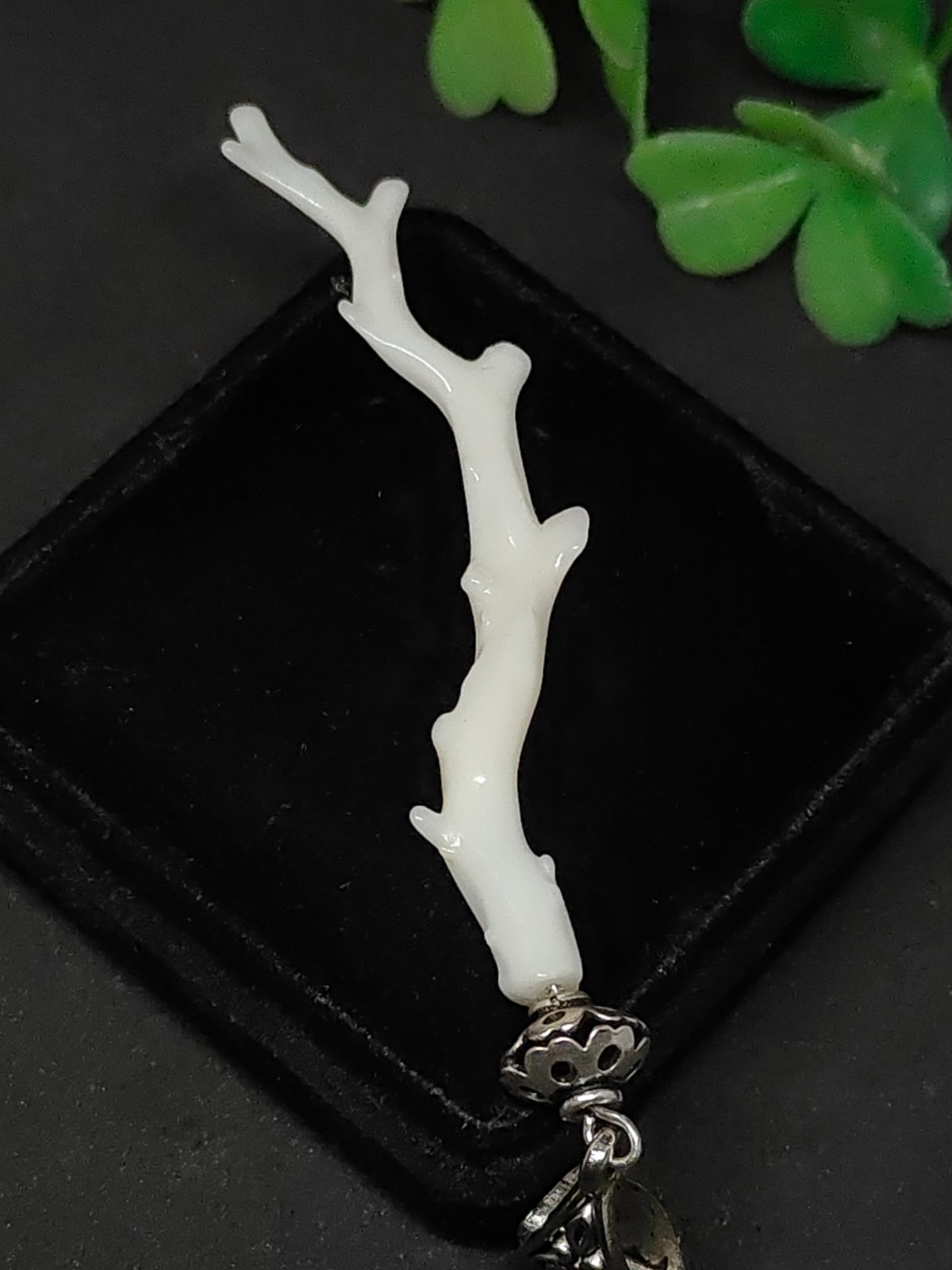Milky White Coral Pendant, Silver Brass Handmade Vintage Jewelry
