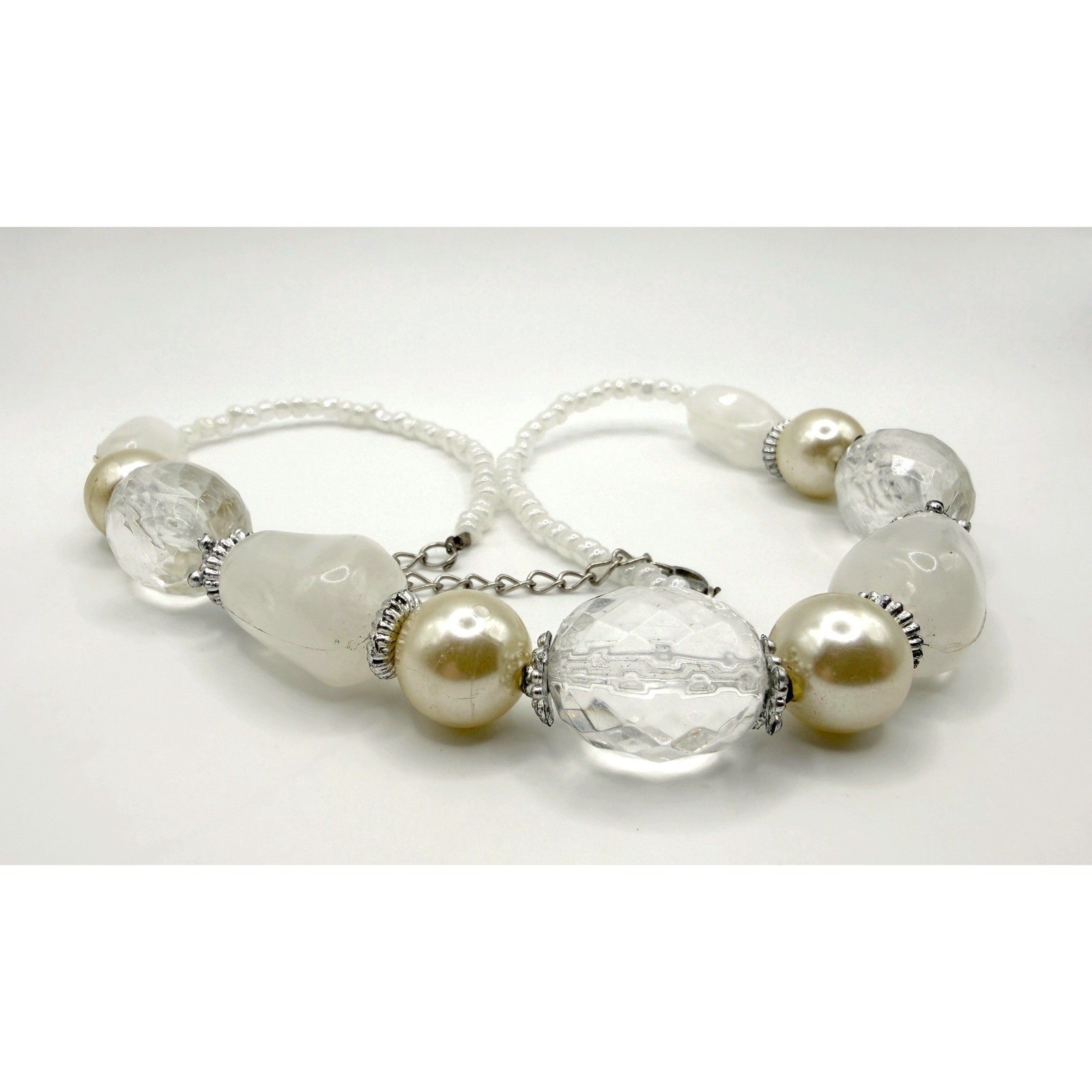 Vintage Chunky Faux Pearl & Clear Crystal Statement Necklace 20″