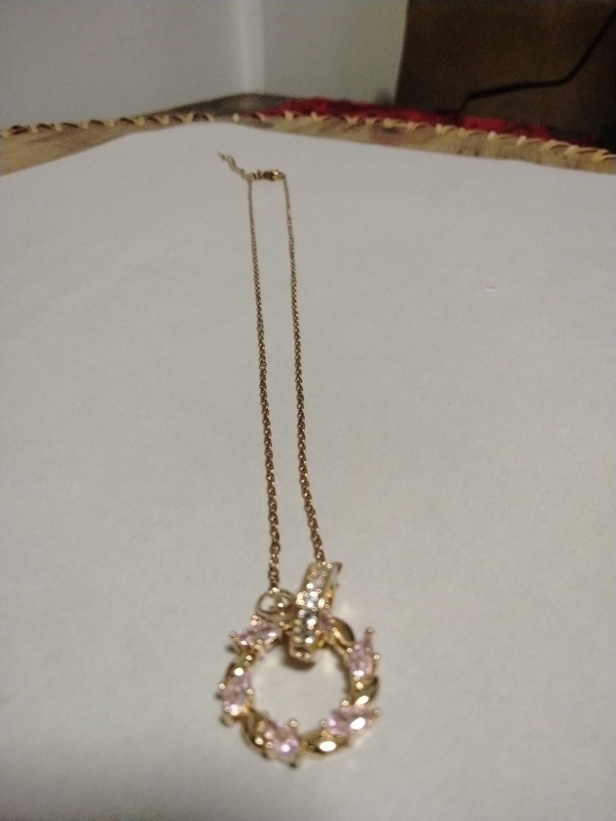 Gold and Pink Circular Pendant Necklace Gold Chain Necklace
