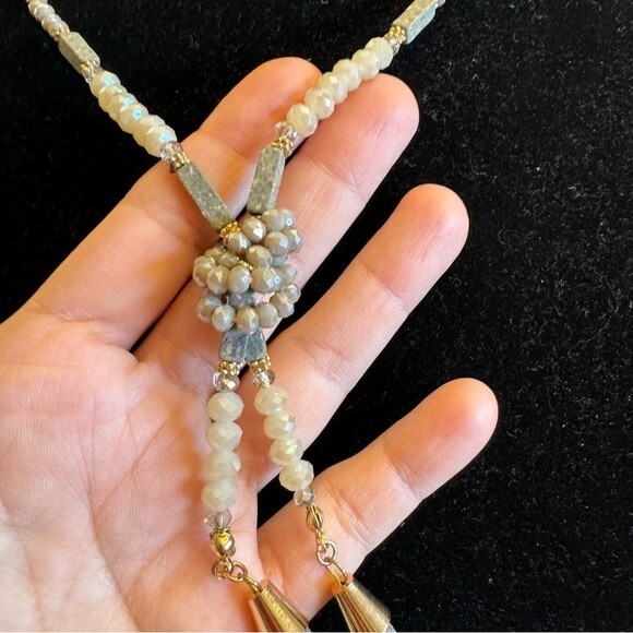 Beautiful Lariat Necklace Multi Wear Faceted Beads with Leather Tassel