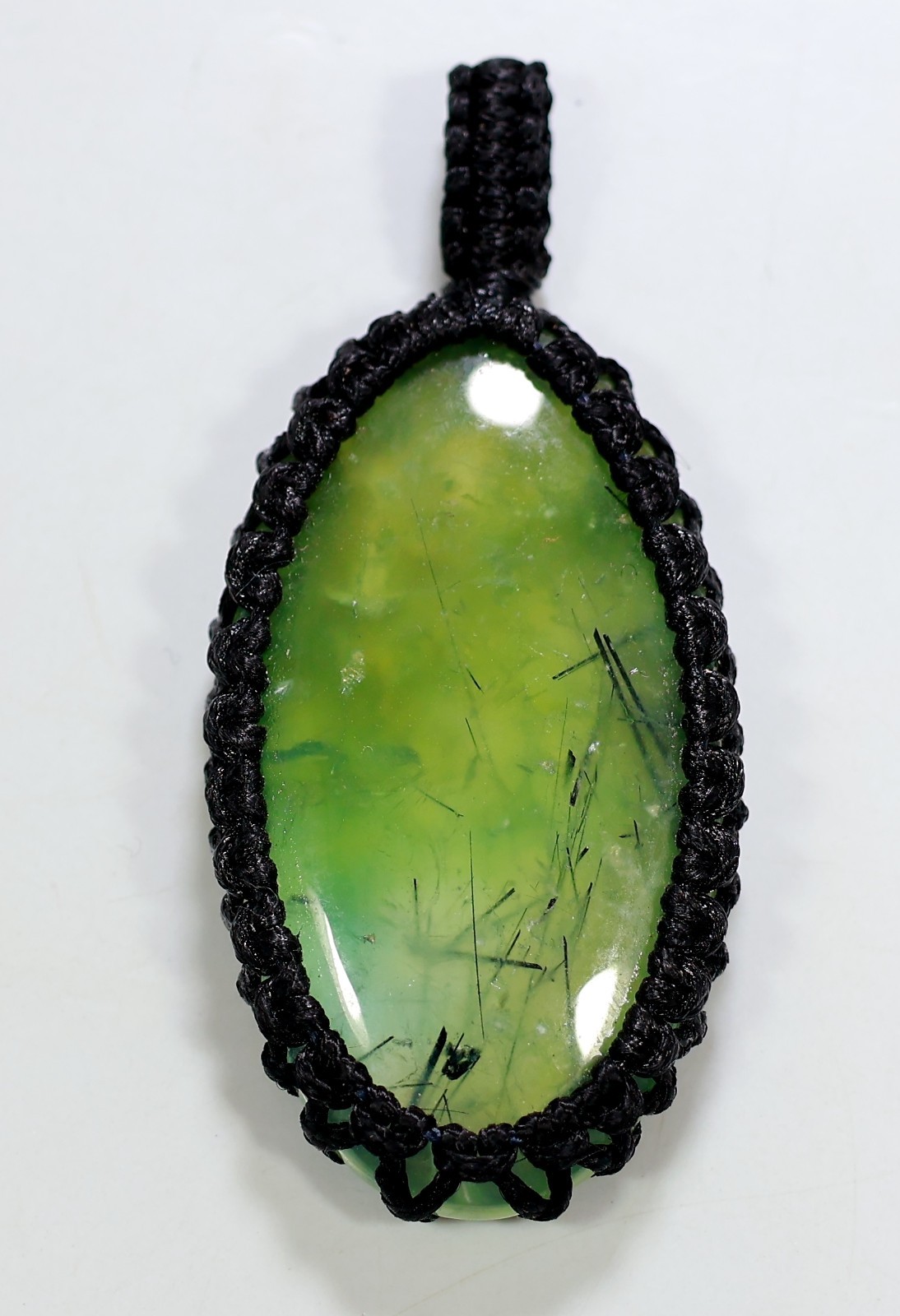 88 Ct 7X28X47 mm Natural Green Prehnite Oval Macrame Pendant 2.40″ KF-607