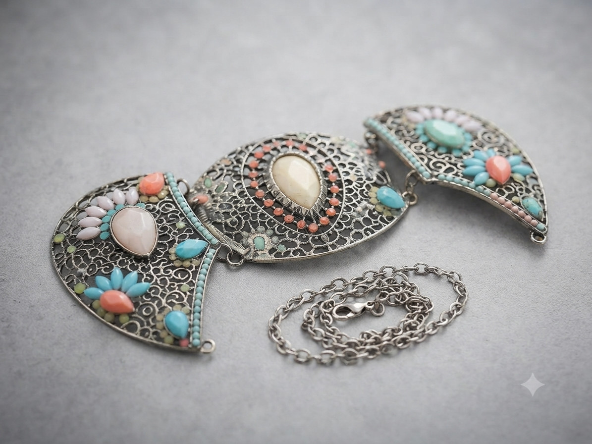 Retro Statement Collar Necklace Multi Color Beads Antique Silver Plated