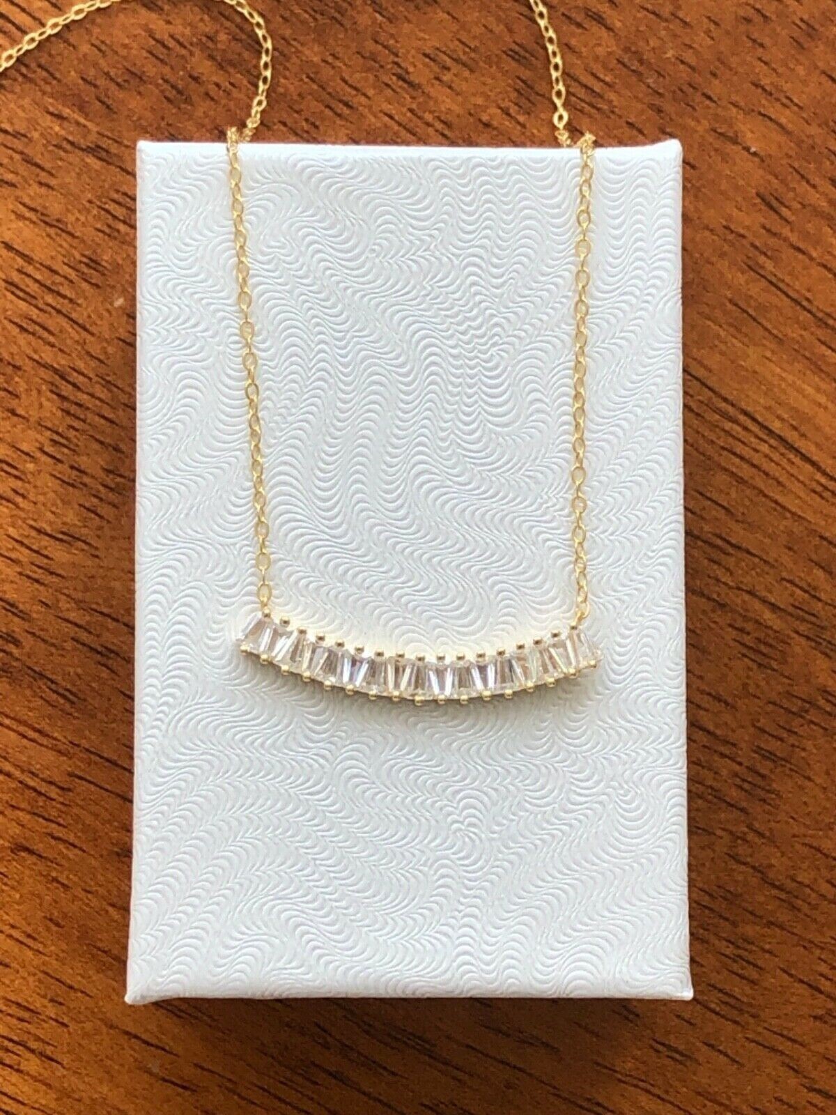 925 Sterling Silver CZ Curved Bar Pendant Necklace Sideways Gold Women 28mm 17″