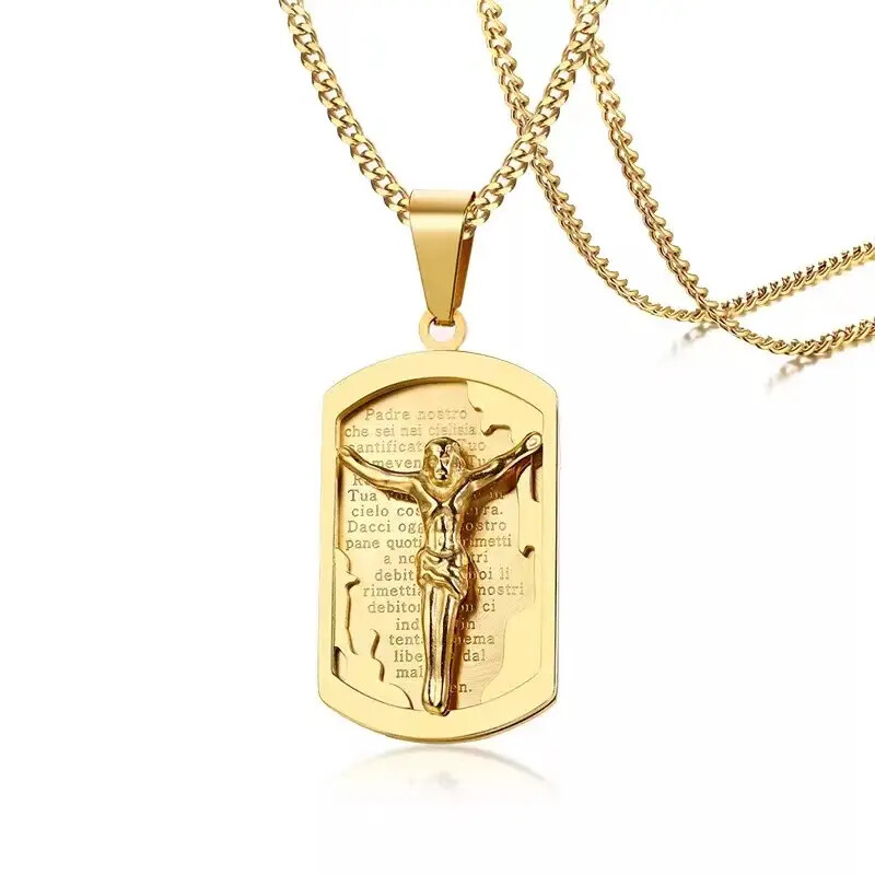 HIP HOP STAINLESS STEEL JESUS RELIGIUS DOG TAG PENDANT & CUBAN CHAIN NECKLACE