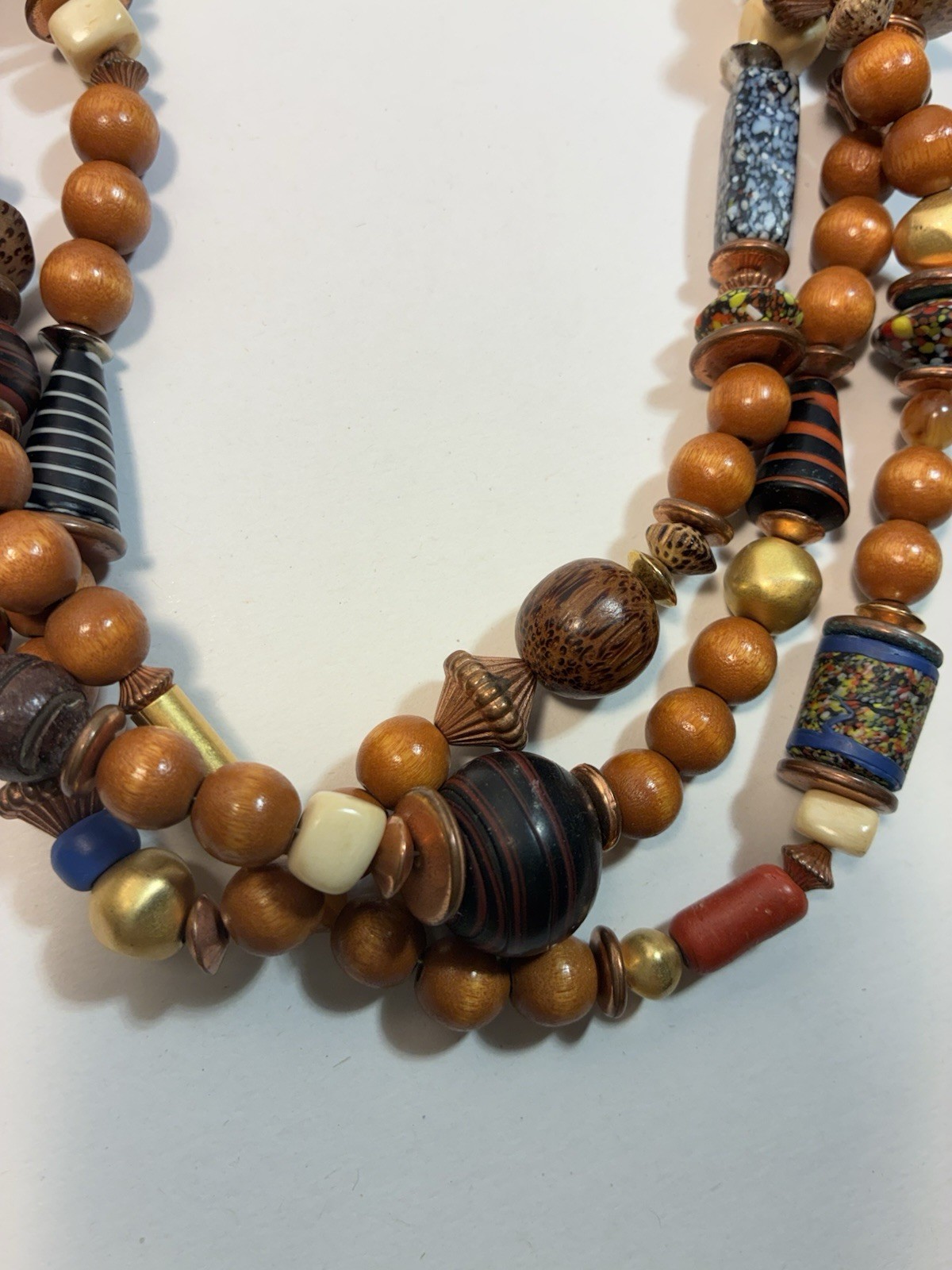 Artisan Multi-Strand Beaded Statement Necklace Wood Glass Metal Toggle Bohemian