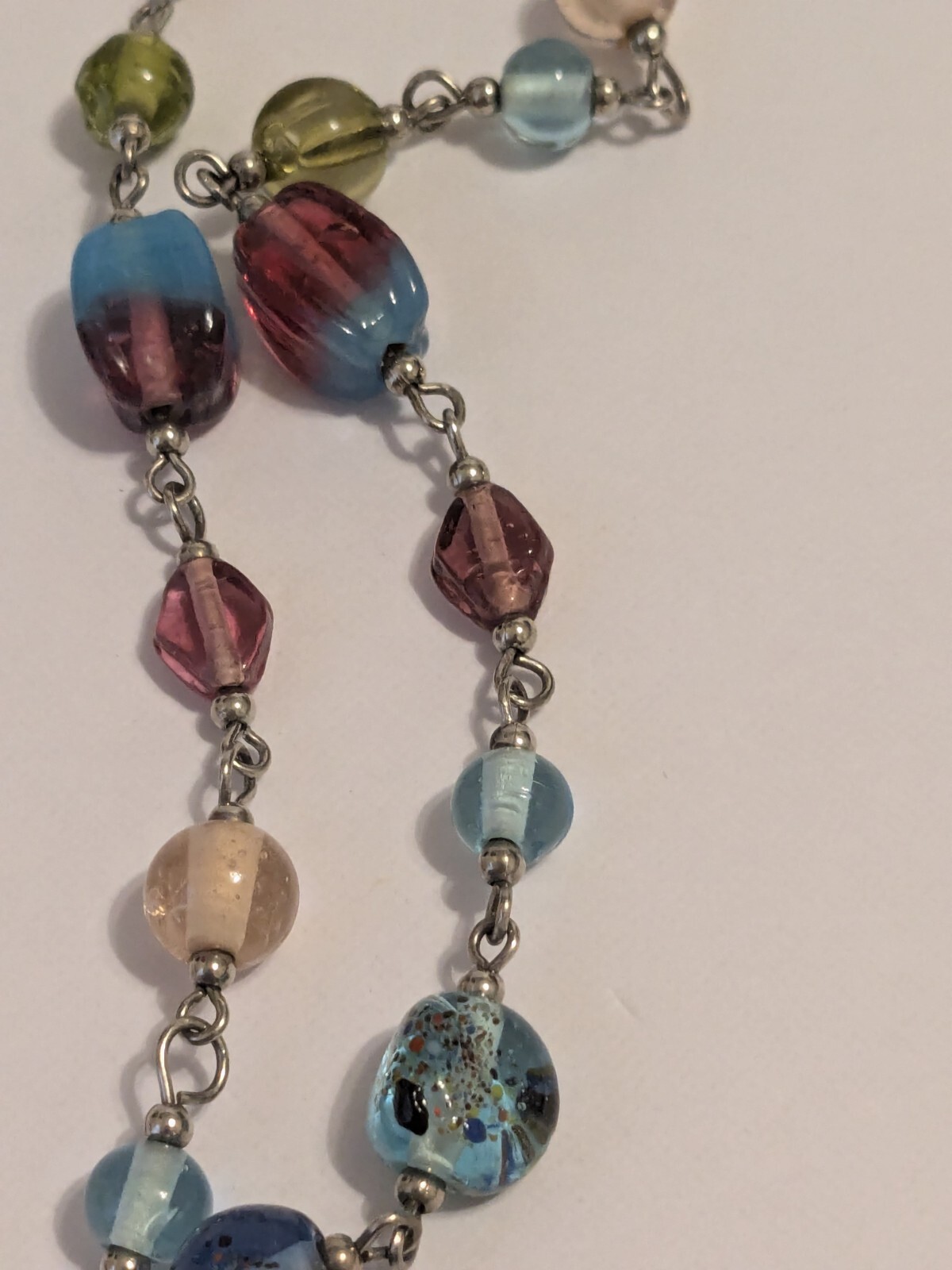 Infinity Style Multicolor Glass Bead Necklace. Silver Tone. 40″. Various Shapes.