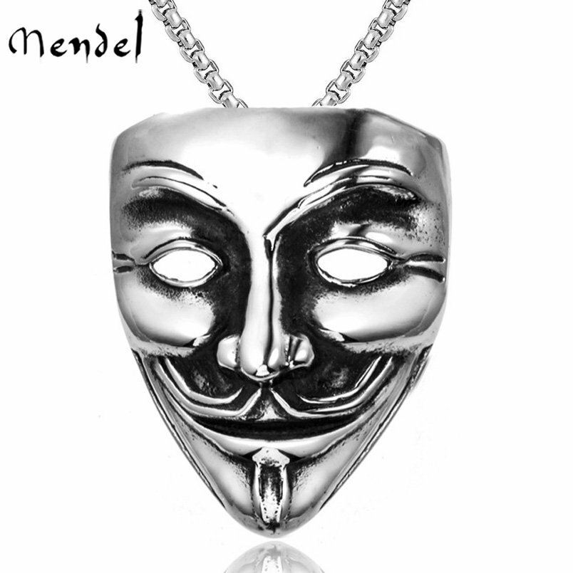 MENDEL Mens Stainless Steel Hip Hop Rapper Biker Anonymous Mask Pendant Necklace