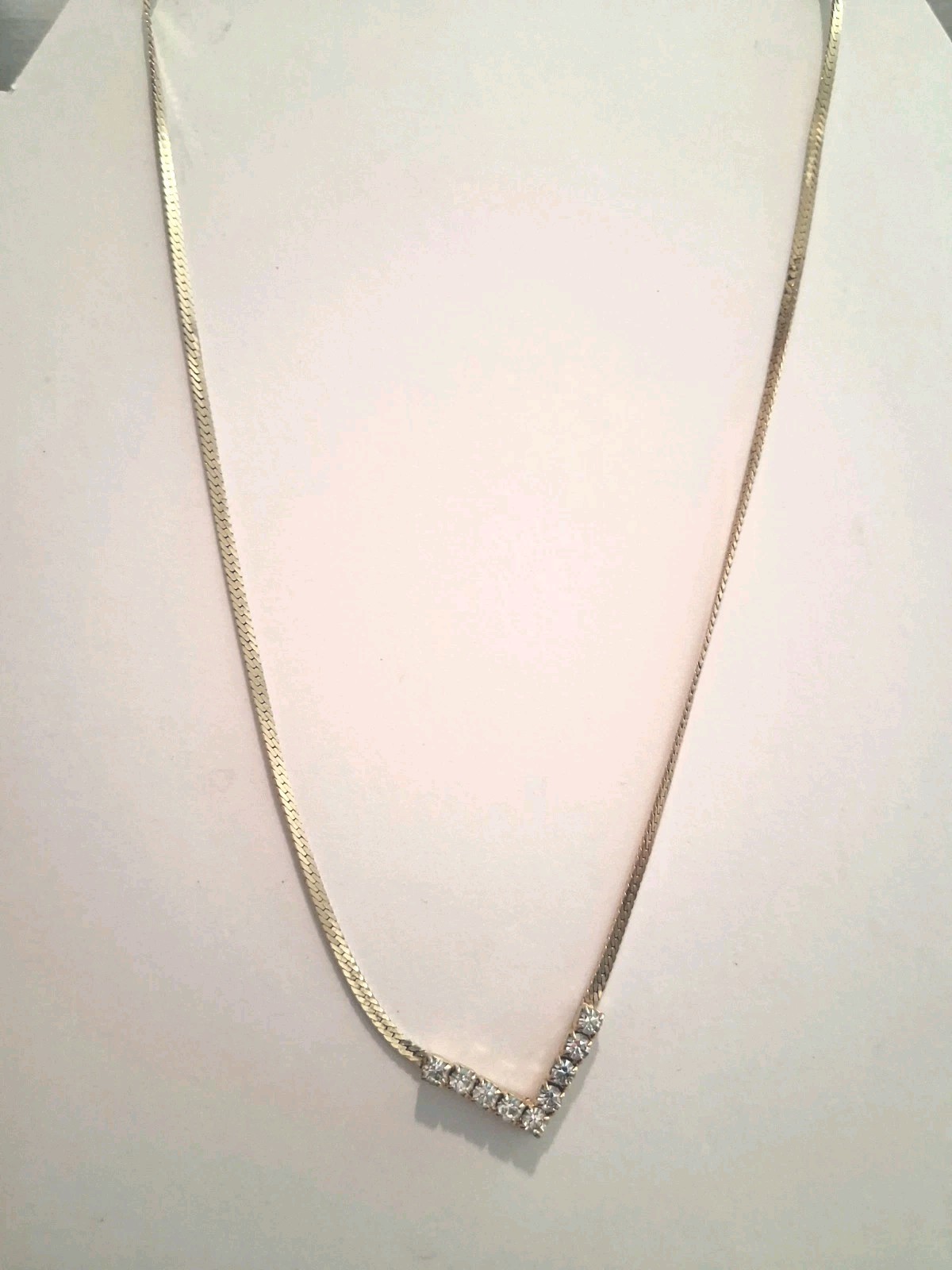 Gold Tone Snake Chain Necklace w/ V-Shaped Crystal Pendant, Adjustable