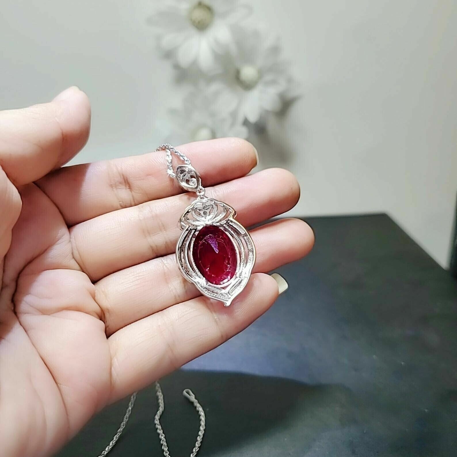 2Ct Oval Cut Simulated Pink Ruby Stunning Women’s Pendant 14K White Gold Plated