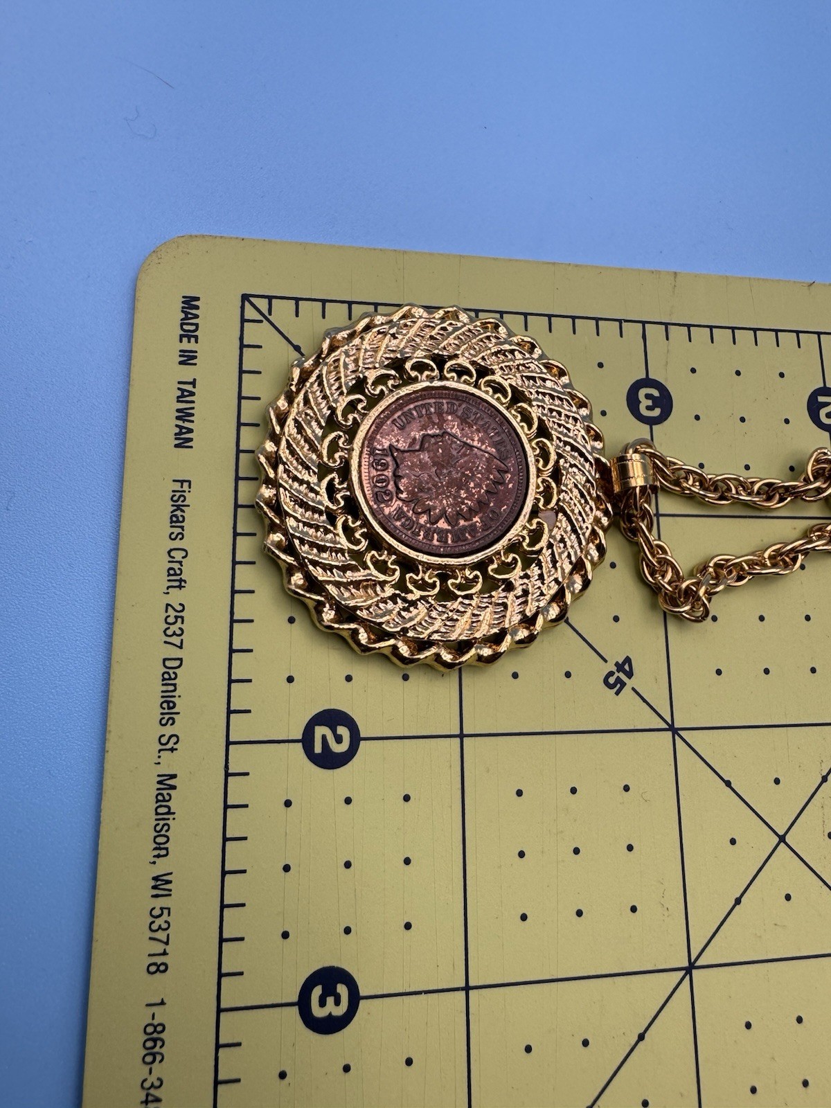 Gold Plated Indian Head Penny Coin 1902 mounted on medallion Necklace