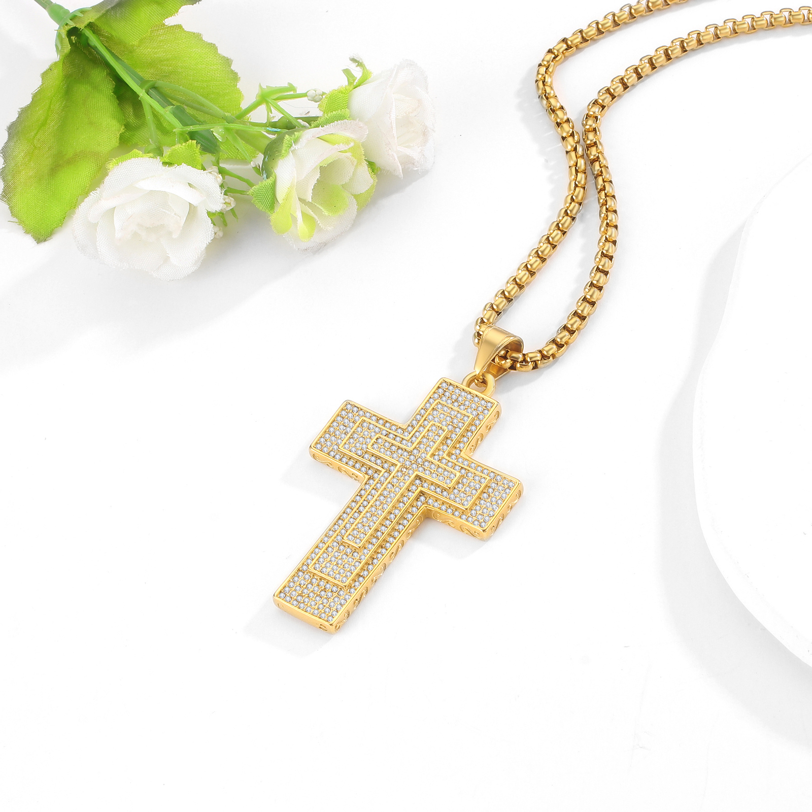 Mens Boys Hip Hop Large CZ Cross Stainless Steel Crucifix Pendant Necklace 22in
