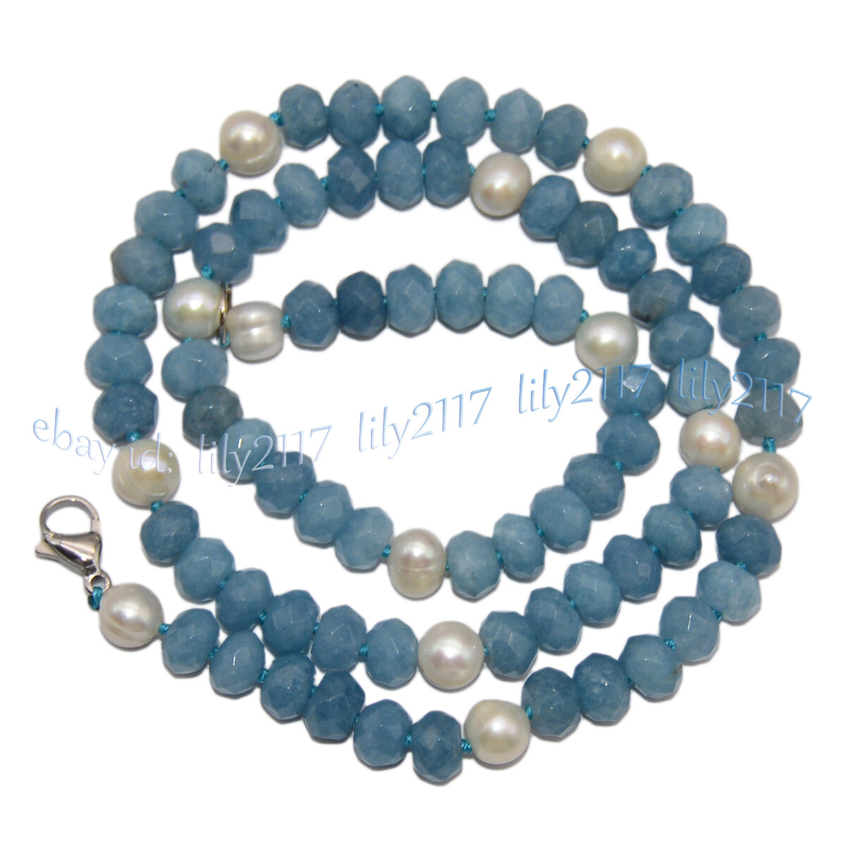 Faceted Blue Aquamarine 5x8mm Rondelle Gemstone Beads 7-8mm White Pearl Necklace