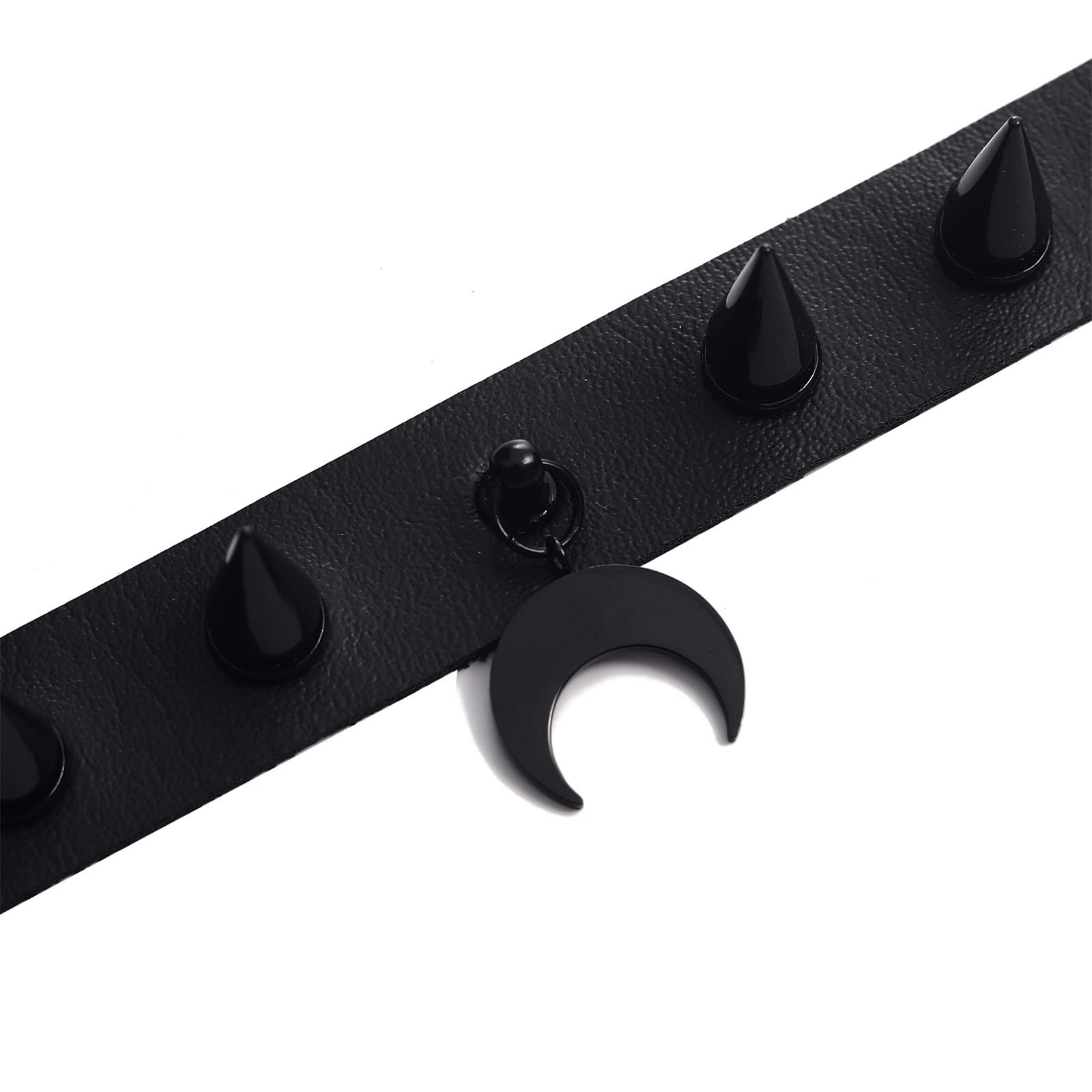 Gothic Spiked Choker Necklace Moon Pendant Faux Leather Collar Black Accessories