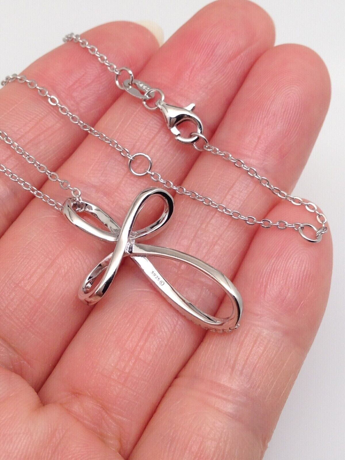 925 Sterling Silver Cz Infinity Cross Pendant Necklace Womens 28mm(1.1″) 16-18″