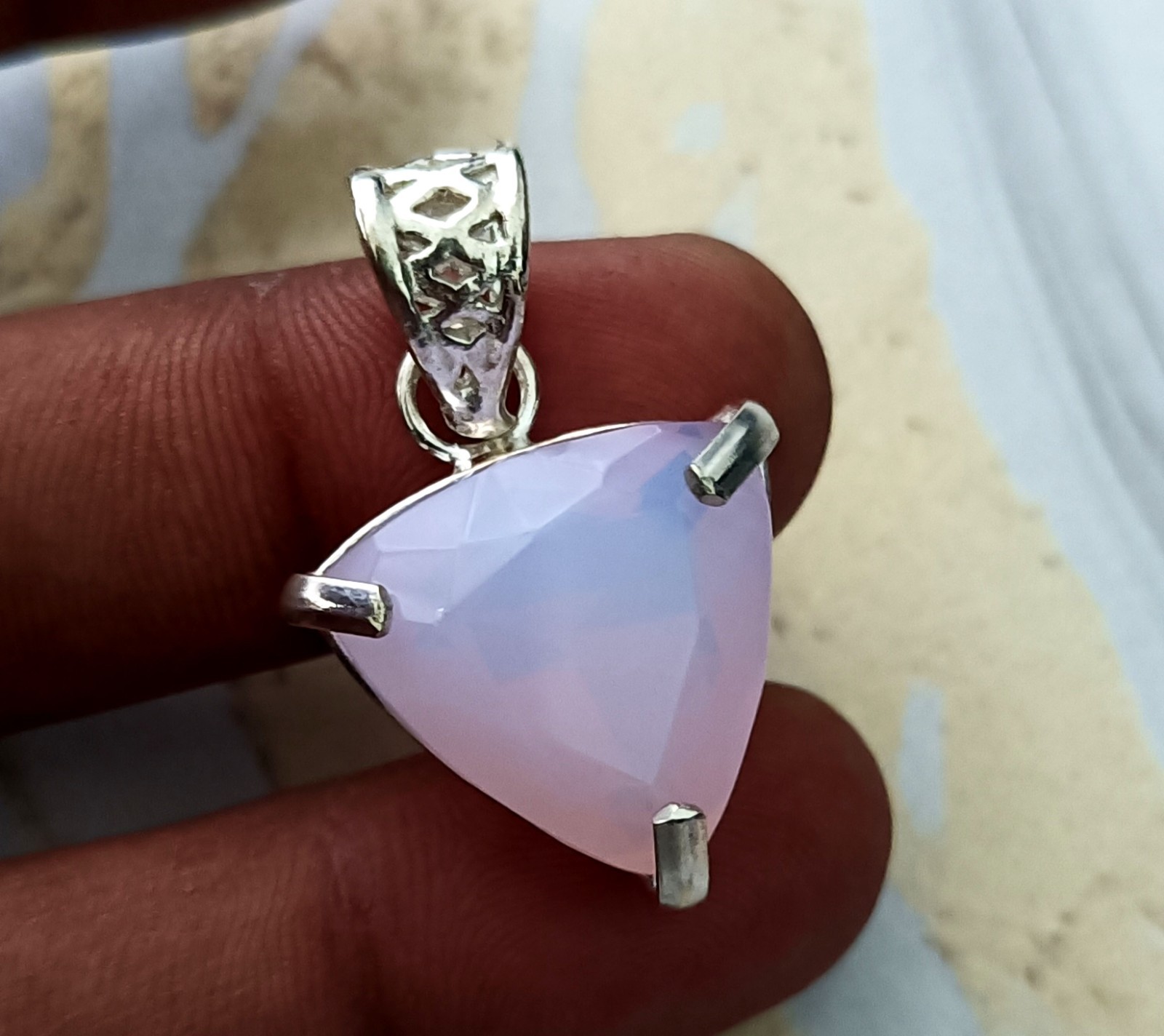 40 Ct Natural Pink Opal Gemstone -Trillion Cut Sterling Sliver Solitaire Pendant