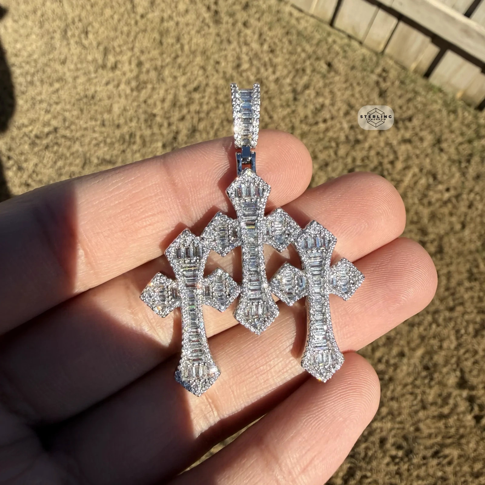 Triple Cross Baguette 14k White Gold Plated Iced Pendant + Steel Rope Chain