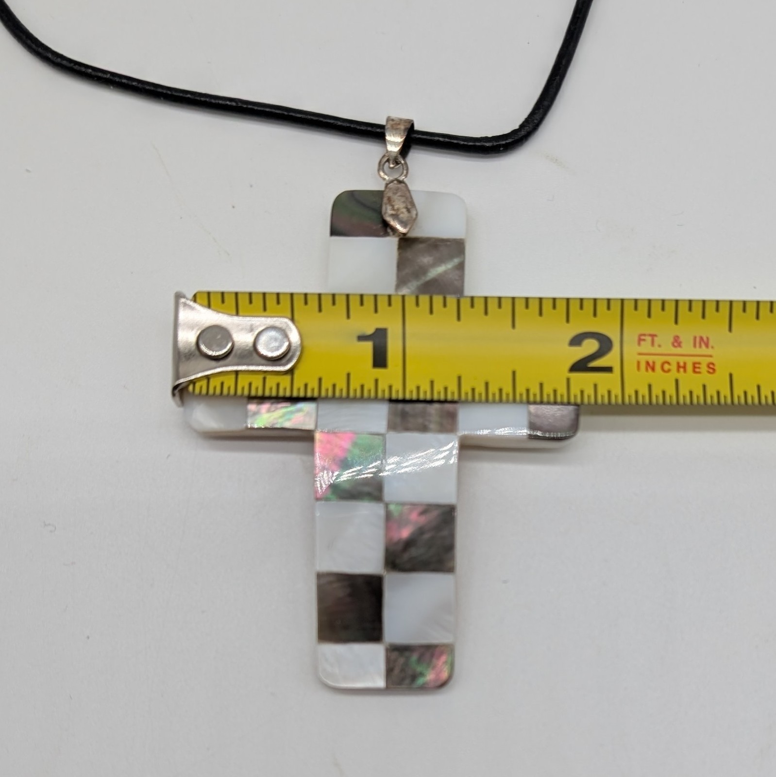 Inlayed Cross Shell Pendant – 24-In Cord With Silver Bail